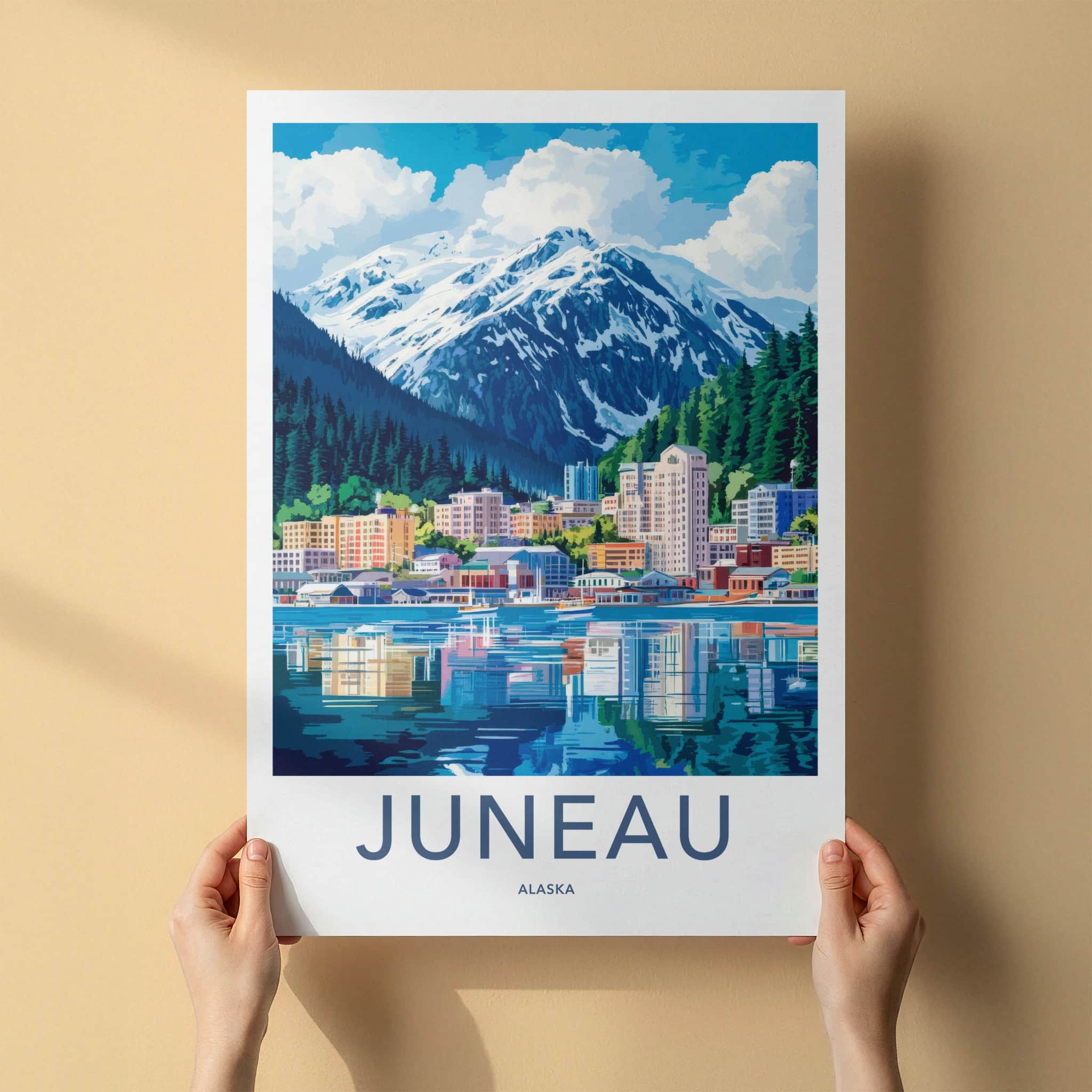 Juneau Poster - Alaska Travel Art - Waterfront City Reflection Home Decor