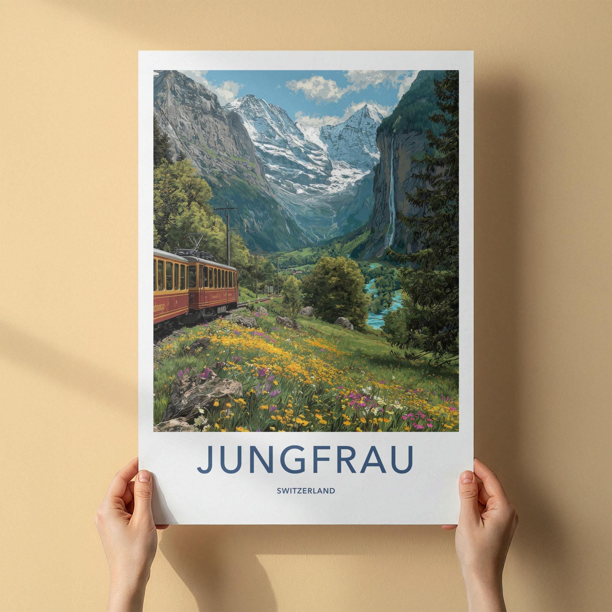 Jungfrau Poster - Switzerland Travel Art - Alpine Valley Train Home Decor