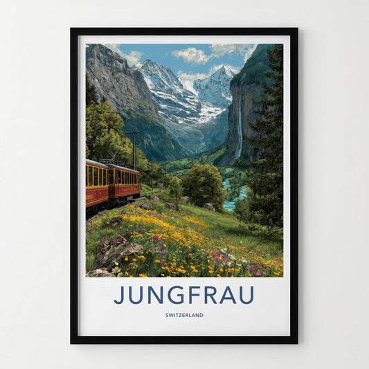 Jungfrau Poster - Switzerland Travel Art - Alpine Valley Train Home Decor