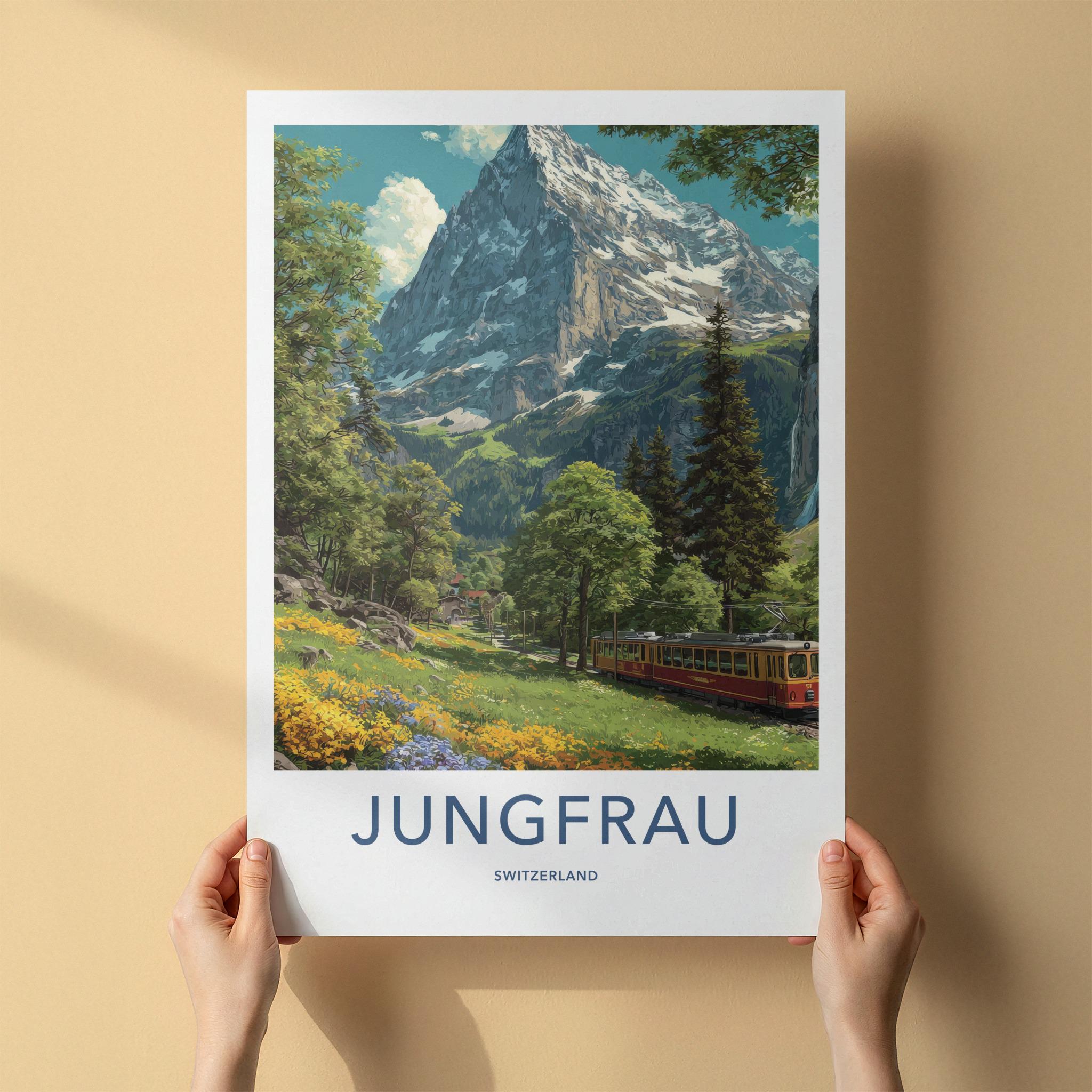 Jungfrau Poster - Switzerland Travel Art - Mountain Train Alpine Home Decor