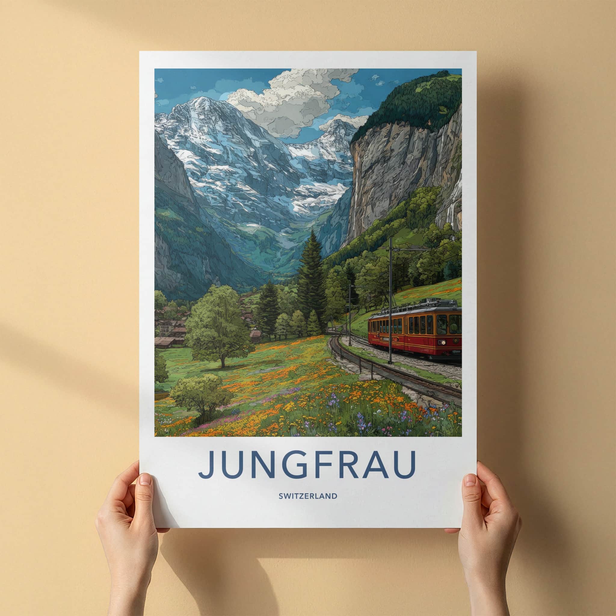Jungfrau Poster - Switzerland Travel Art - Mountain Train Valley Wall Art