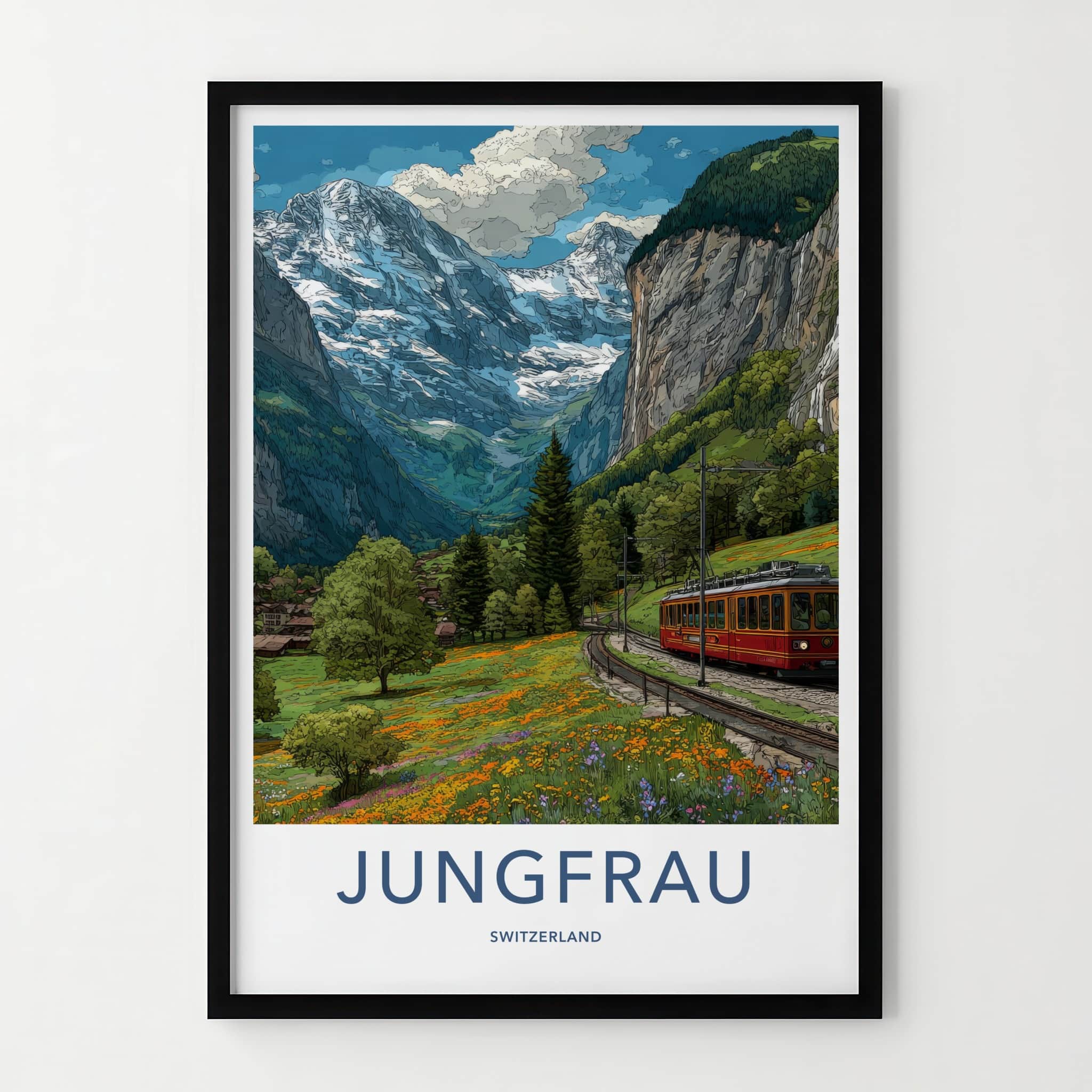 Jungfrau Poster - Switzerland Travel Art - Mountain Train Valley Wall Art