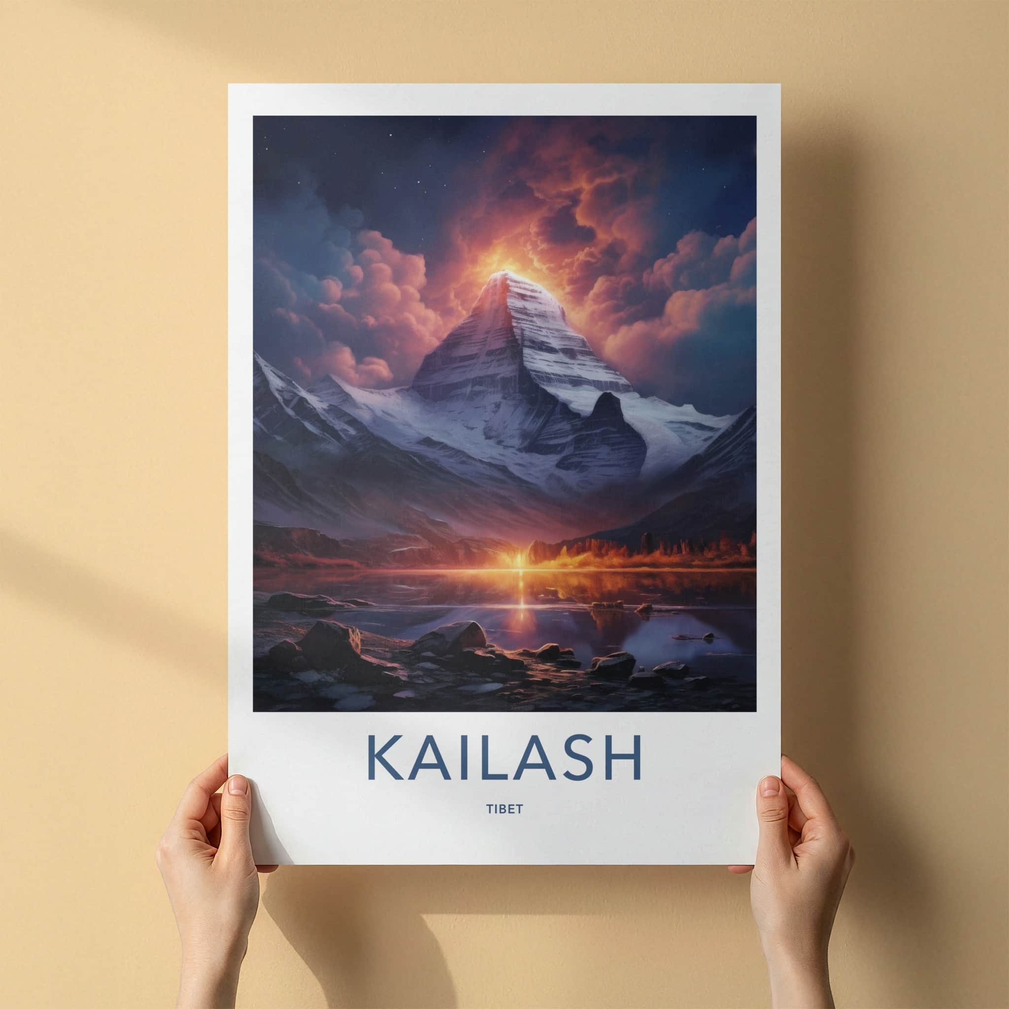 Kailash Poster - Tibet Travel Art - Fiery Mountain Reflection Home Decor
