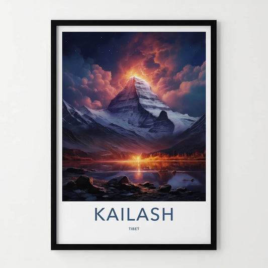 Kailash Poster - Tibet Travel Art - Fiery Mountain Reflection Home Decor