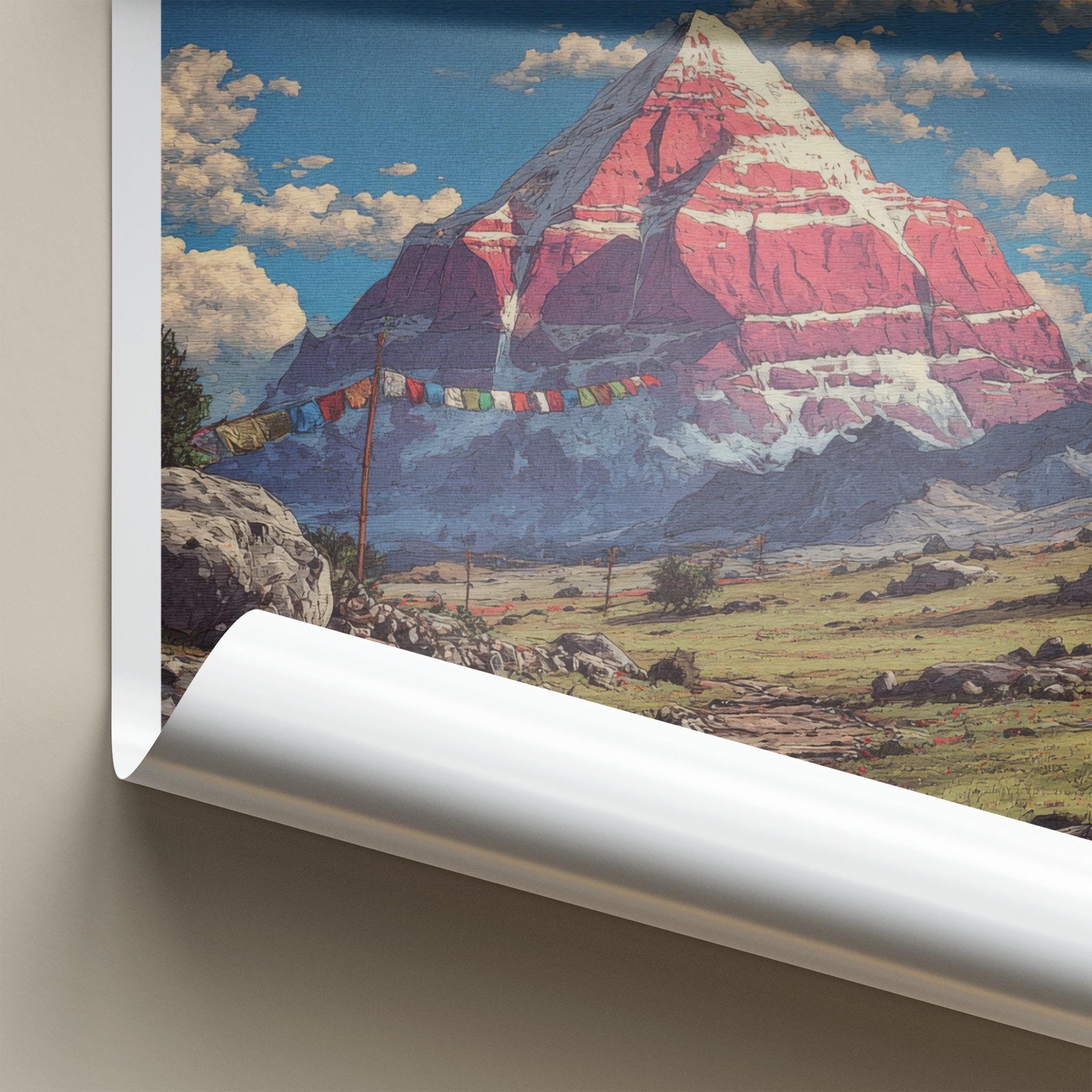 Kailash Poster - Tibet Travel Art - Red Mountain Prayerflags Home Decor