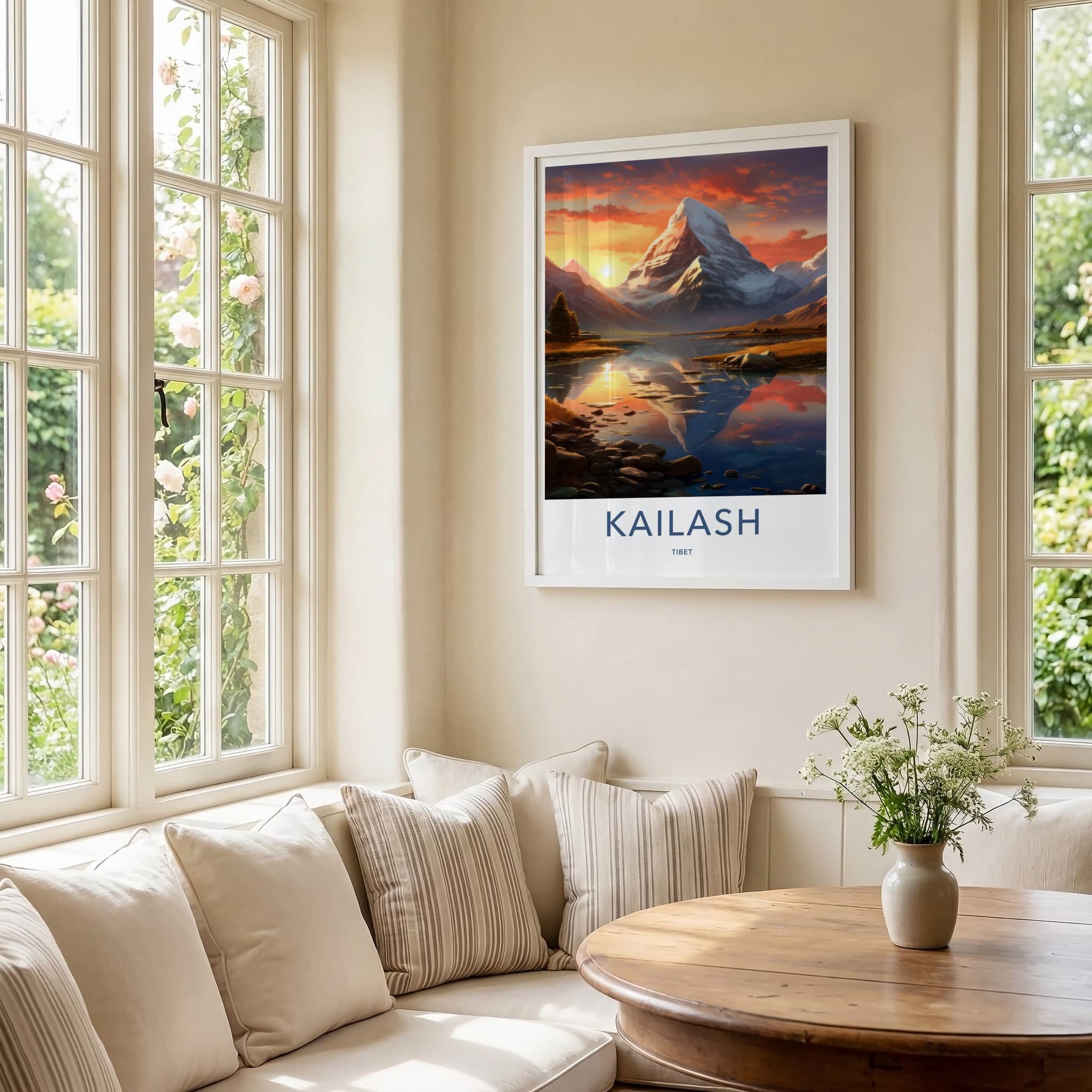 Kailash Poster - Tibet Travel Art - Sunset Peak Reflection Home Decor