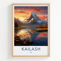 Kailash Poster - Tibet Travel Art - Sunset Peak Reflection Home Decor