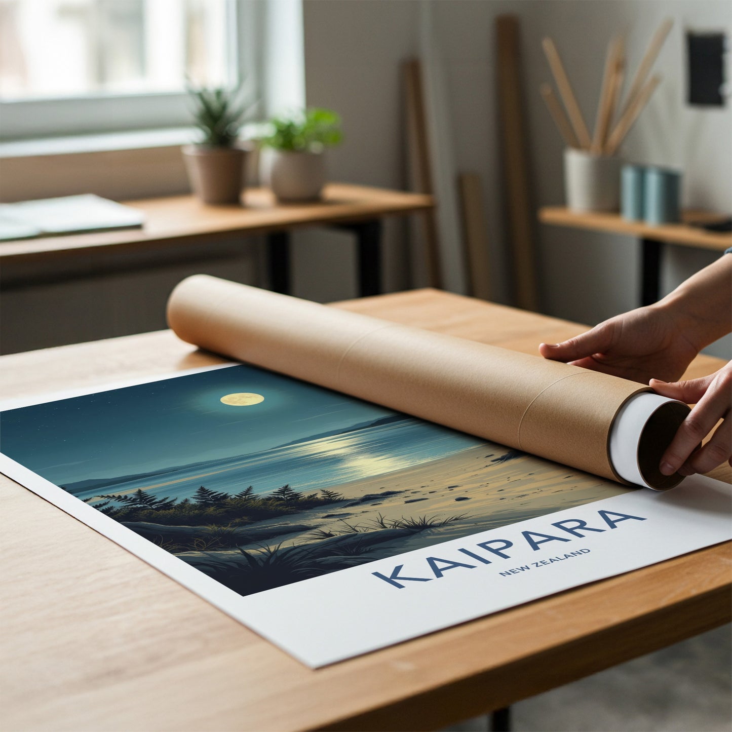 Kaipara Poster - New Zealand Travel Art - Moonlight Ocean Beach Wall Decor