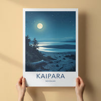 Kaipara Poster - New Zealand Travel Art - Moonlit Night Beach Wall Decor