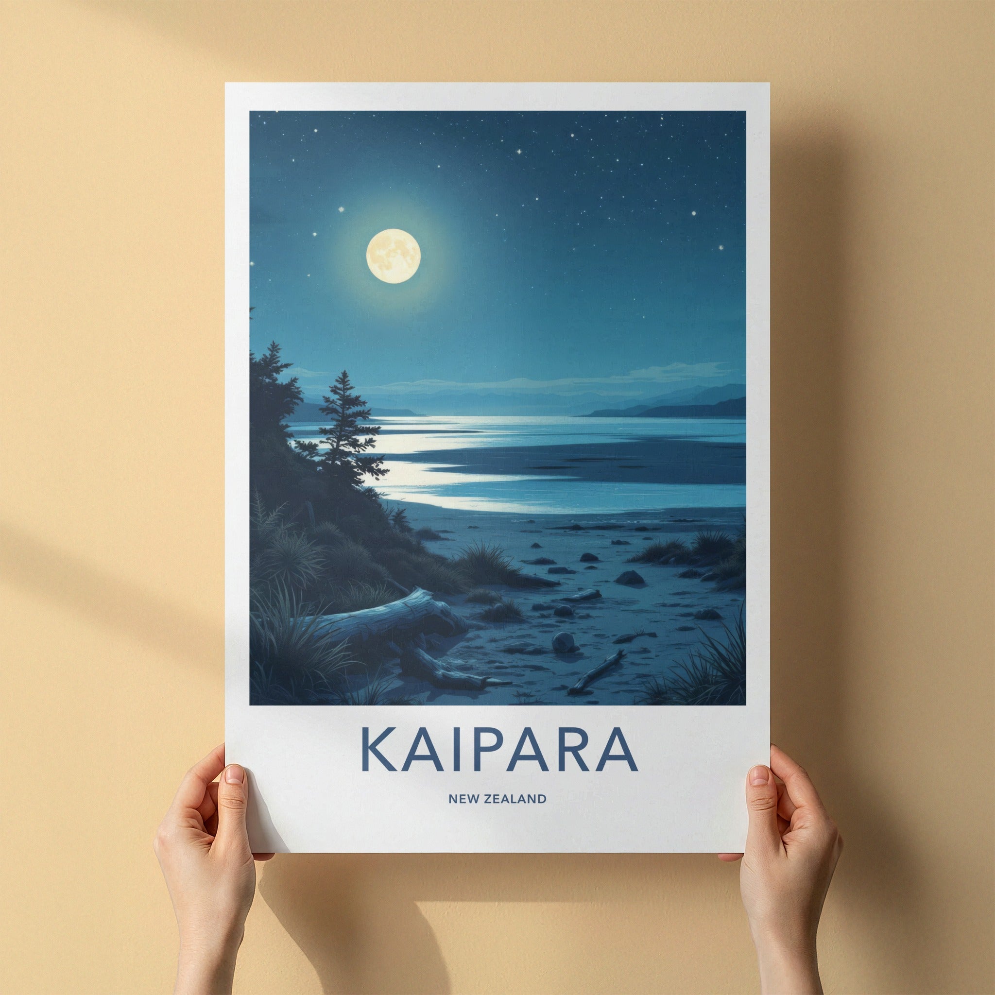Kaipara Poster - New Zealand Travel Art - Moonlit Night Beach Wall Decor