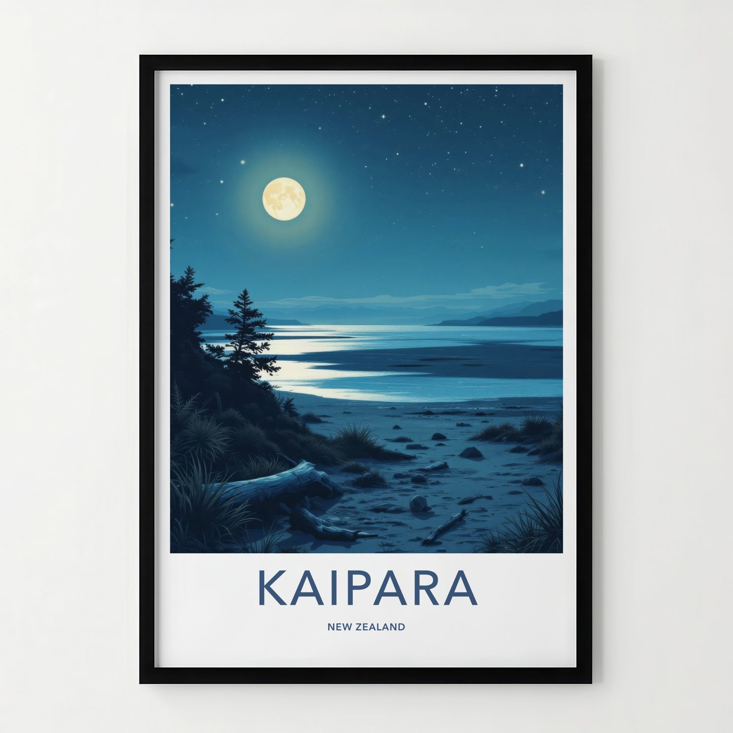 Kaipara Poster - New Zealand Travel Art - Moonlit Night Beach Wall Decor