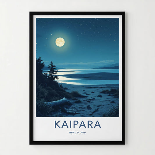 Kaipara Poster - New Zealand Travel Art - Moonlit Night Beach Wall Decor