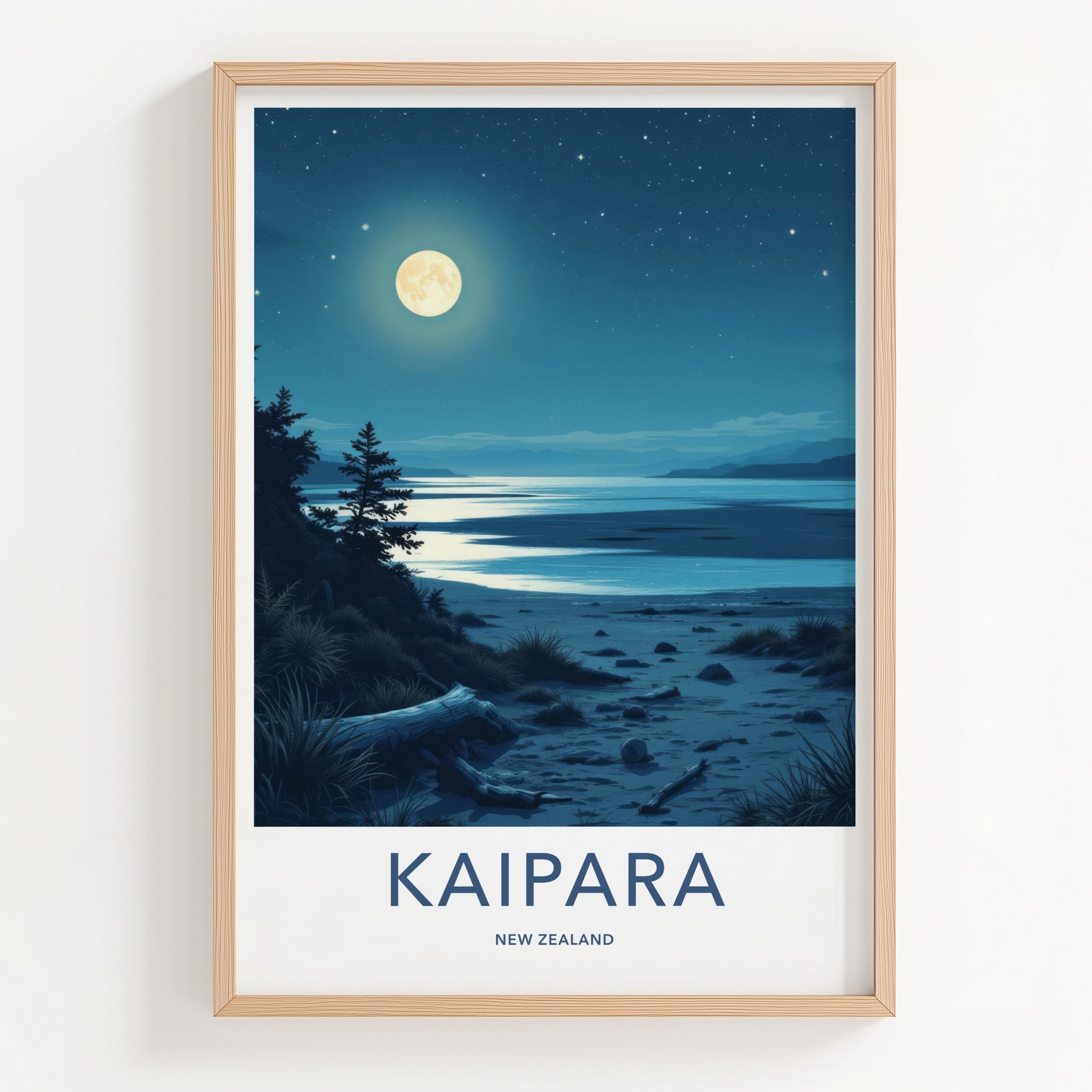 Kaipara Poster - New Zealand Travel Art - Moonlit Night Beach Wall Decor