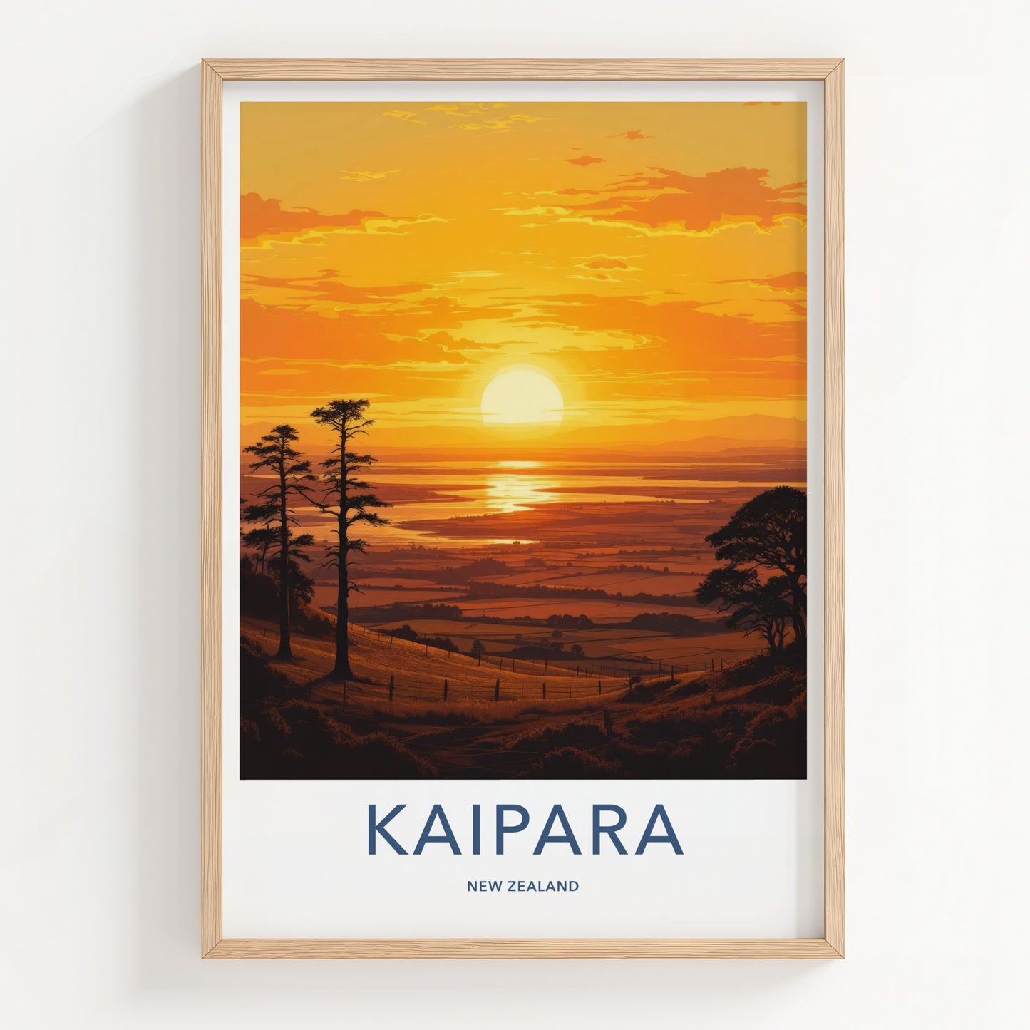 Kaipara Poster - New Zealand Travel Print - Fiery Sunset Estuary Home Decor