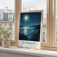 Kaipara Poster - New Zealand Travel Print - Moonlit Ocean Beach Wall Decor