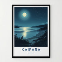 Kaipara Poster - New Zealand Travel Print - Moonlit Ocean Beach Wall Decor
