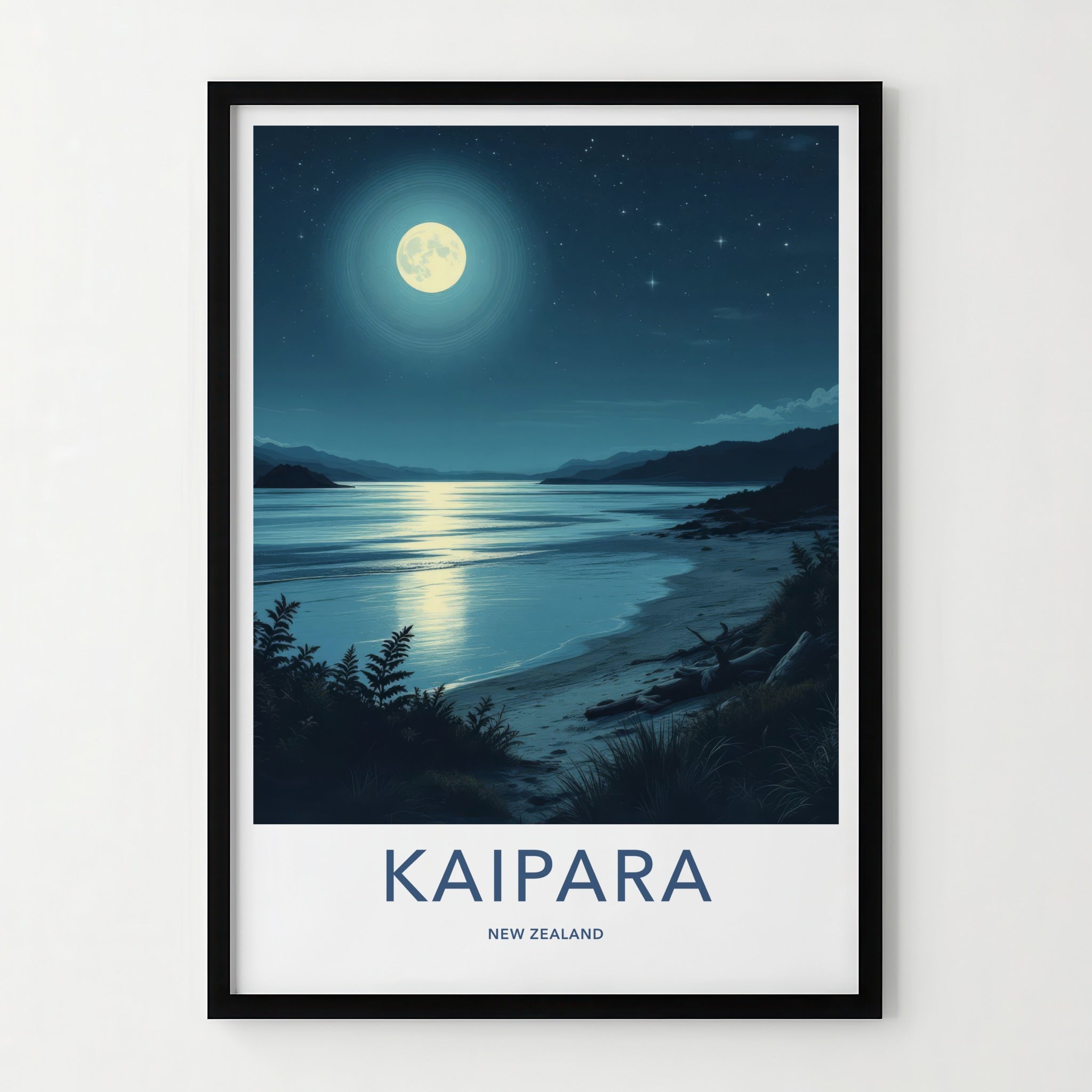 Kaipara Poster - New Zealand Travel Print - Moonlit Ocean Beach Wall Decor