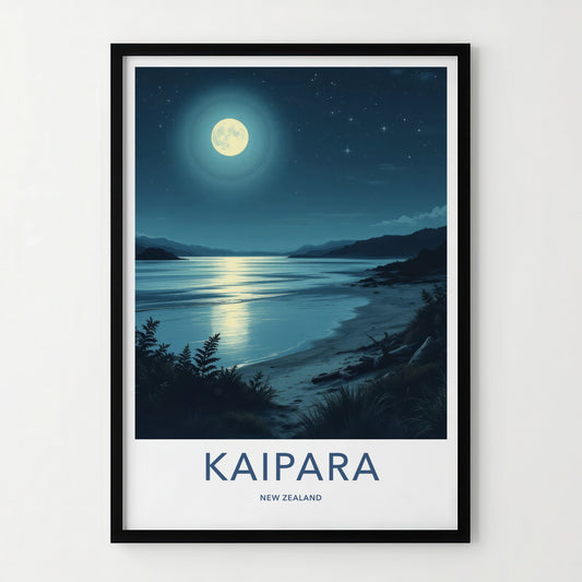 Kaipara Poster - New Zealand Travel Print - Moonlit Ocean Beach Wall Decor
