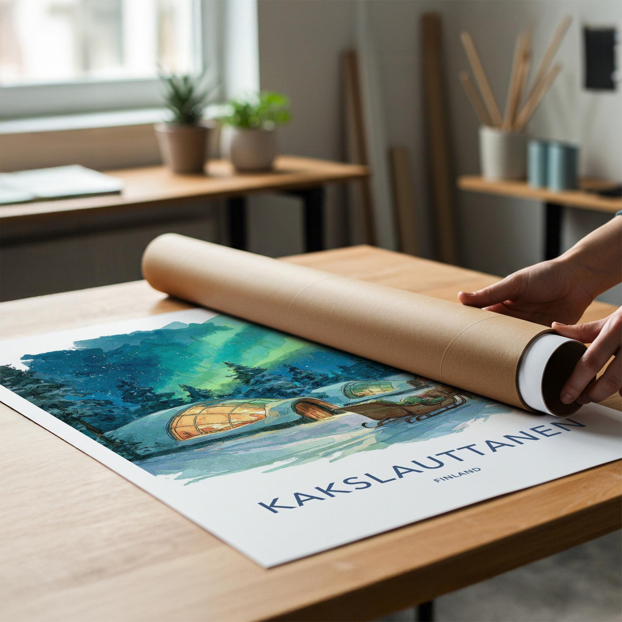 Kakslauttanen Poster - Finland Travel Art - Aurora Igloos Sleigh Home Decor