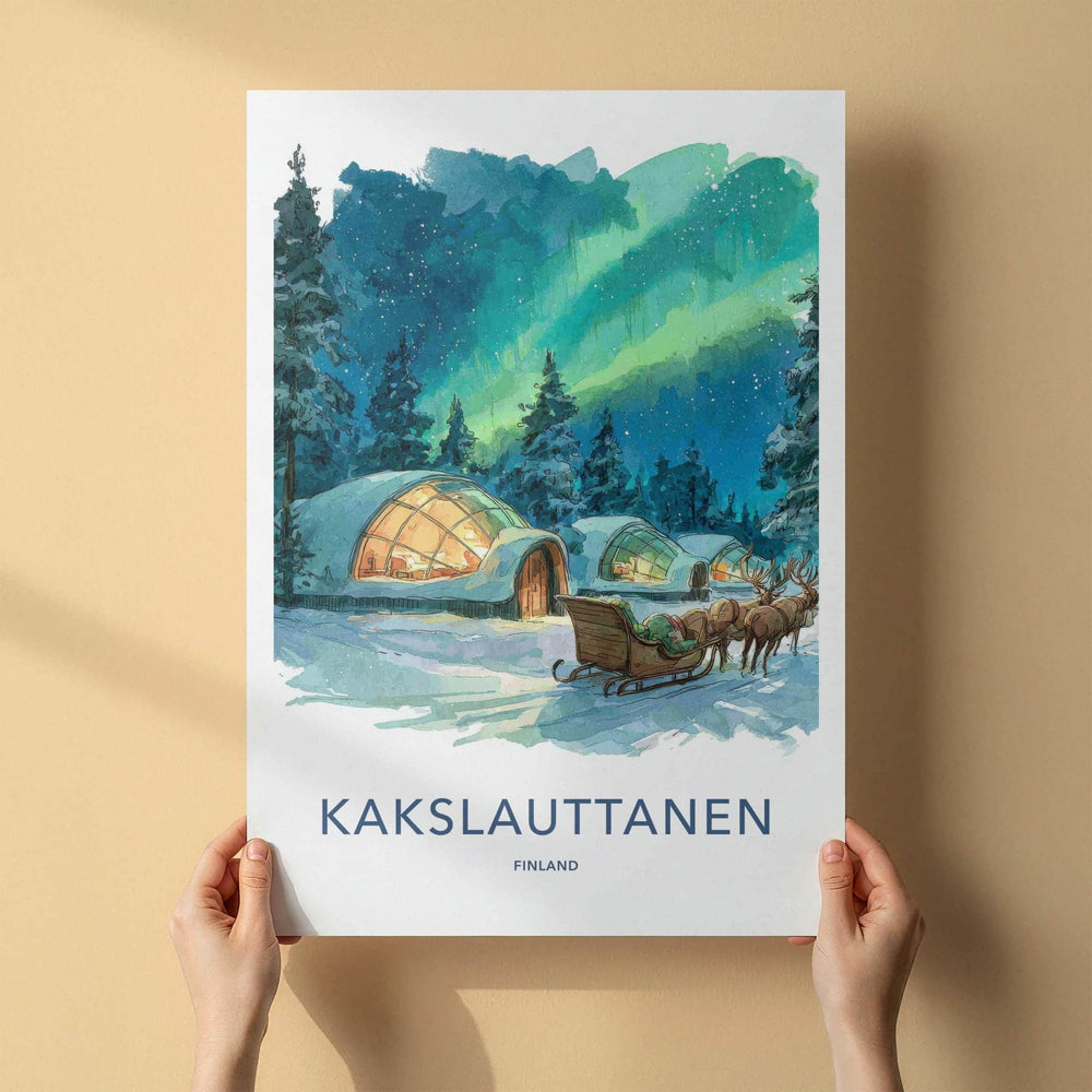 Kakslauttanen Poster - Finland Travel Art - Aurora Igloos Sleigh Home Decor