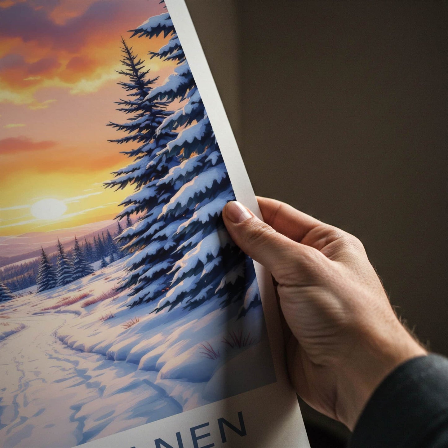 Kakslauttanen Poster - Finland Travel Art - Snowy Forest Sunset Home Decor