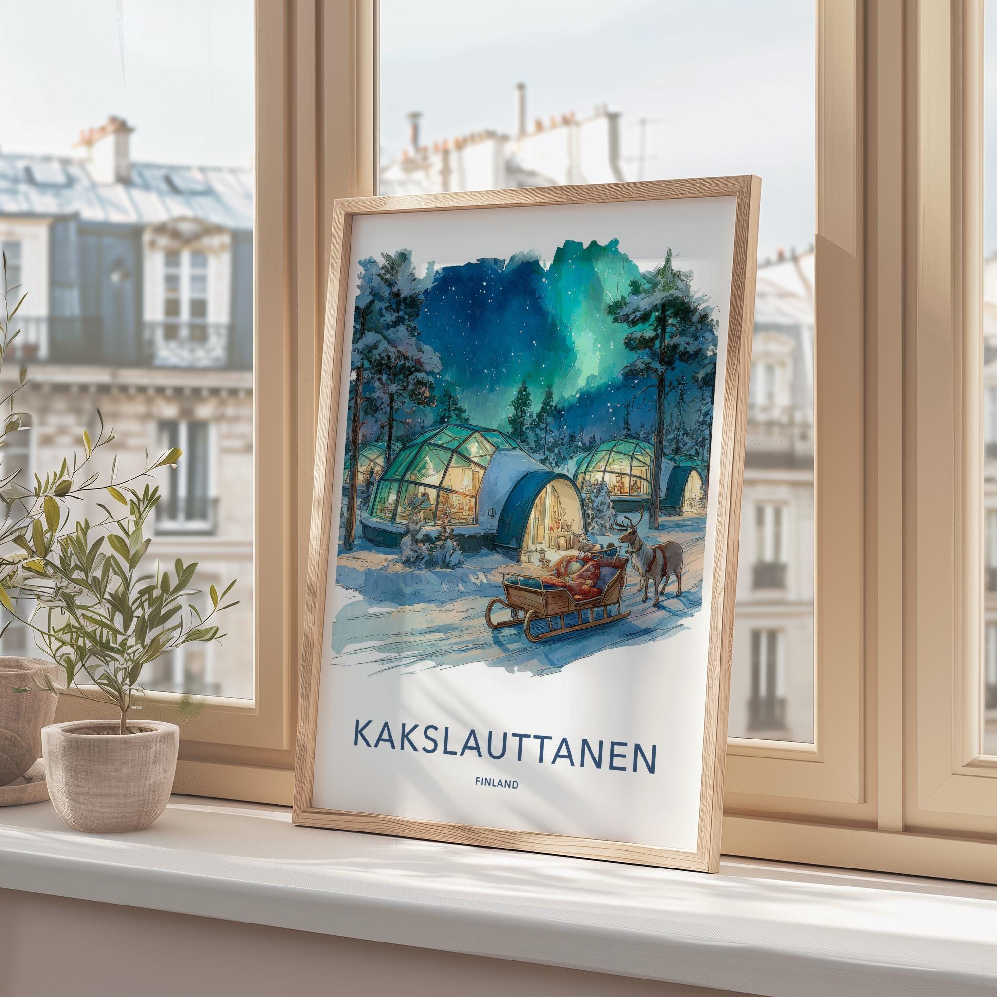 Kakslauttanen Poster - Finland Travel Art - Snowy Igloo Aurora Home Decor