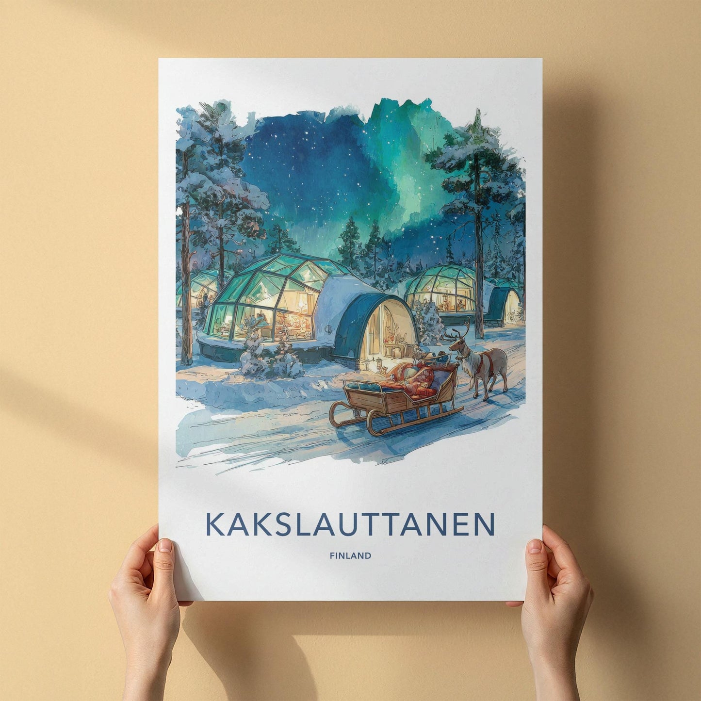 Kakslauttanen Poster - Finland Travel Art - Snowy Igloo Aurora Home Decor