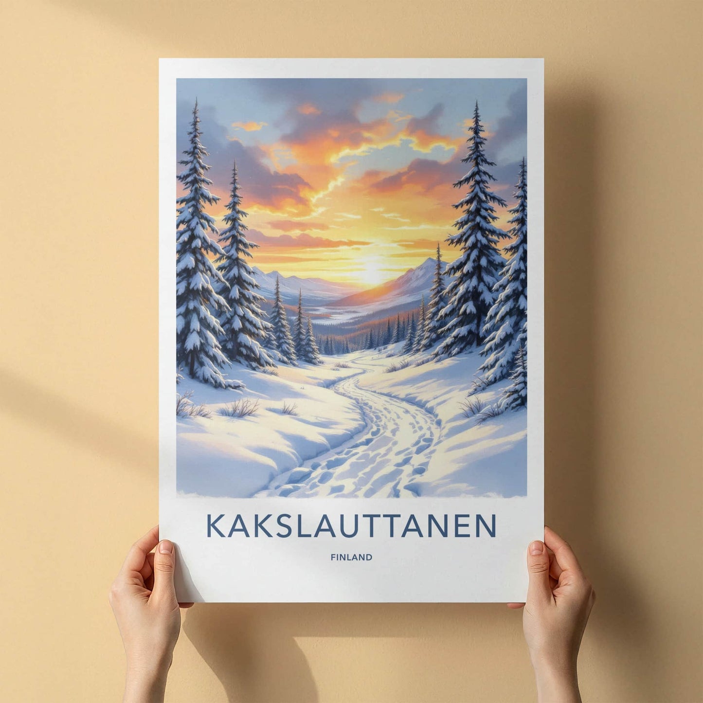 Kakslauttanen Poster - Finland Travel Art - Winter Path Sunset Home Decor