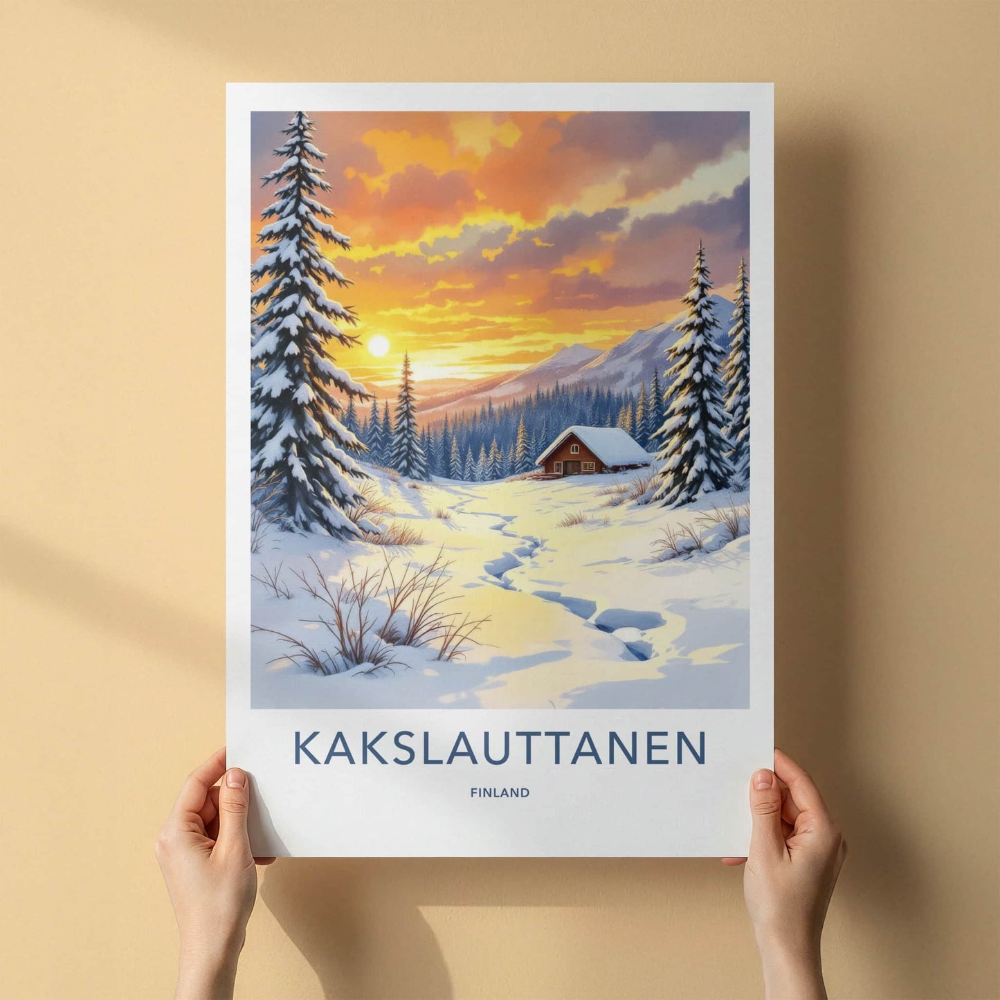 Kakslauttanen Poster - Finland Travel Art - Winter Sunset Cabin Home Decor