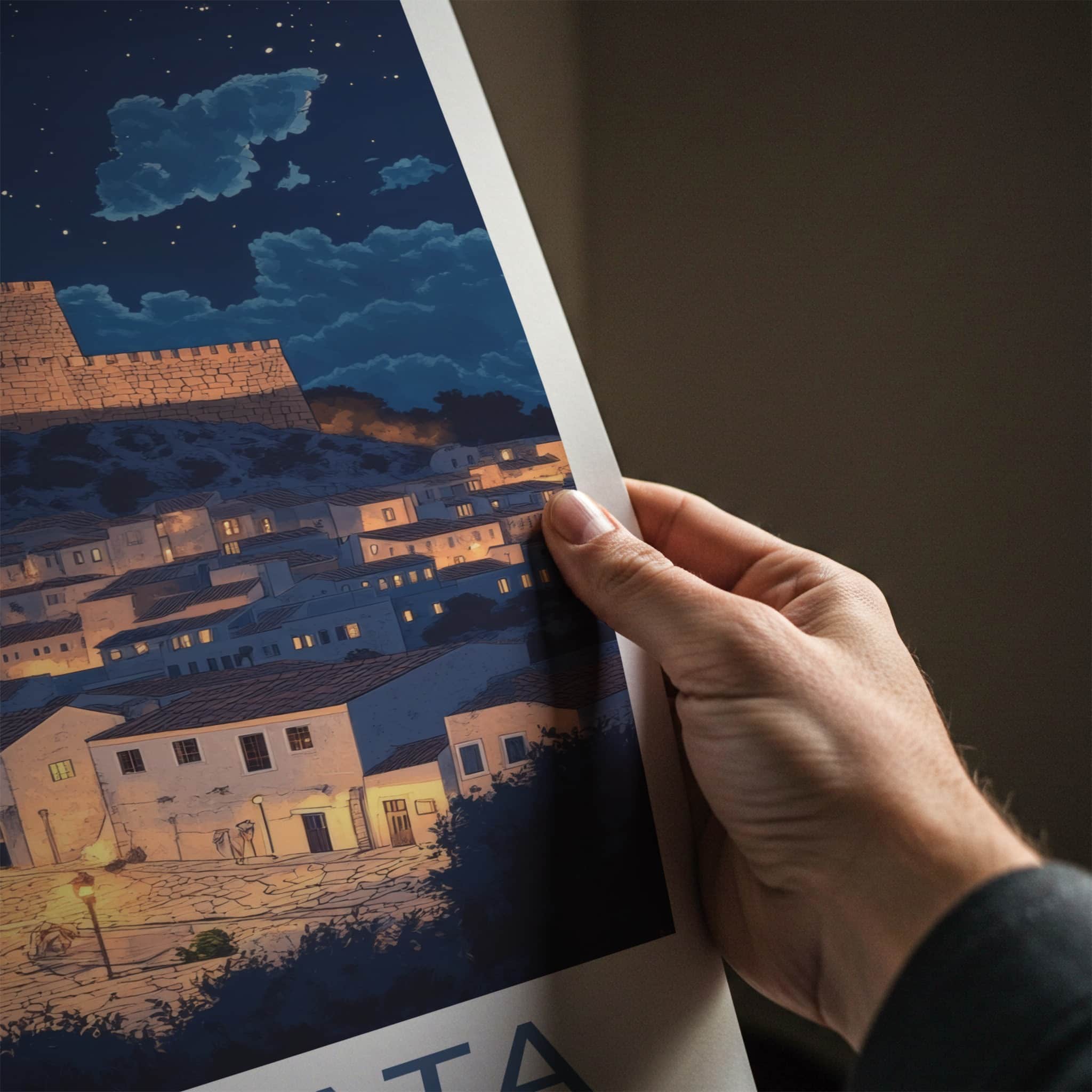 Kalamata Poster - Greece Framed Print - Illuminated Fortress Village Lounge Decor