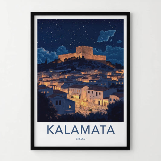 Kalamata Poster - Greece Framed Print - Illuminated Fortress Village Lounge Decor