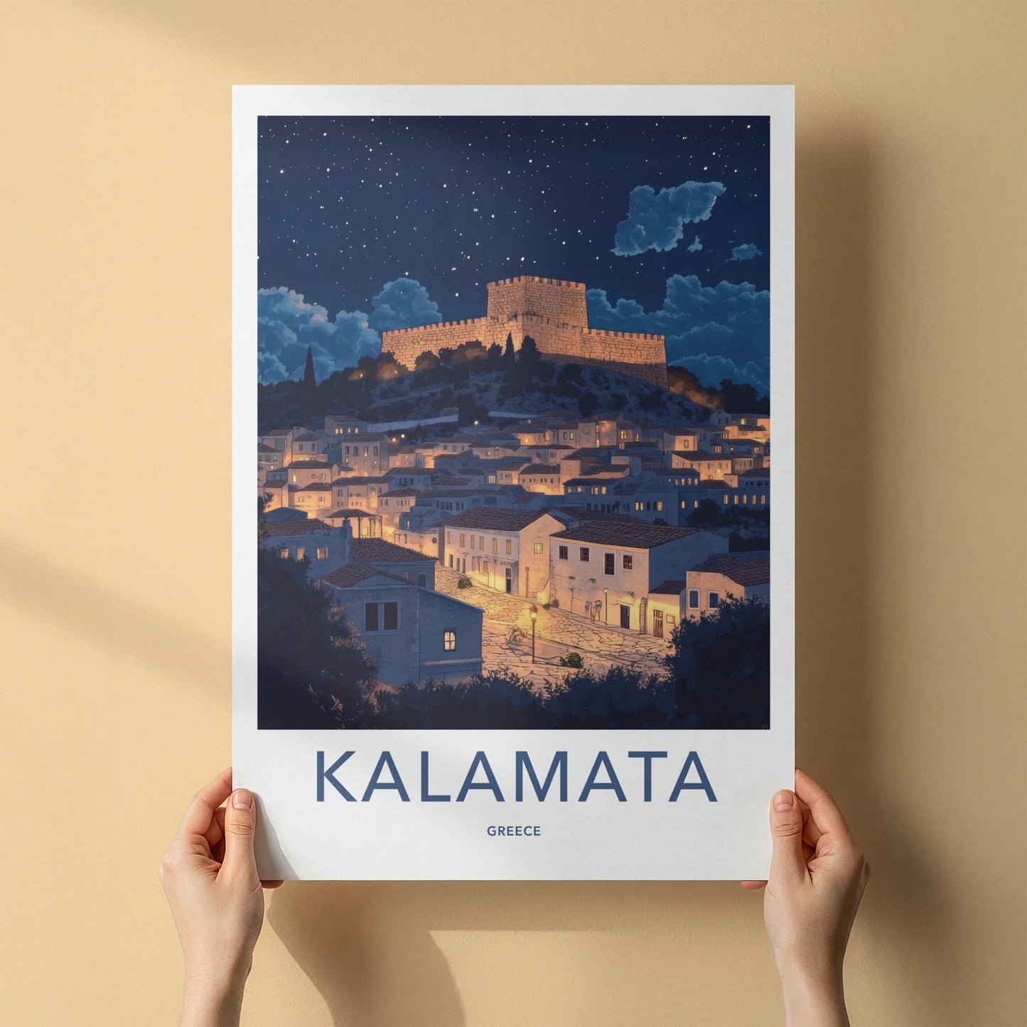 Kalamata Poster - Greece Framed Print - Illuminated Fortress Village Lounge Decor