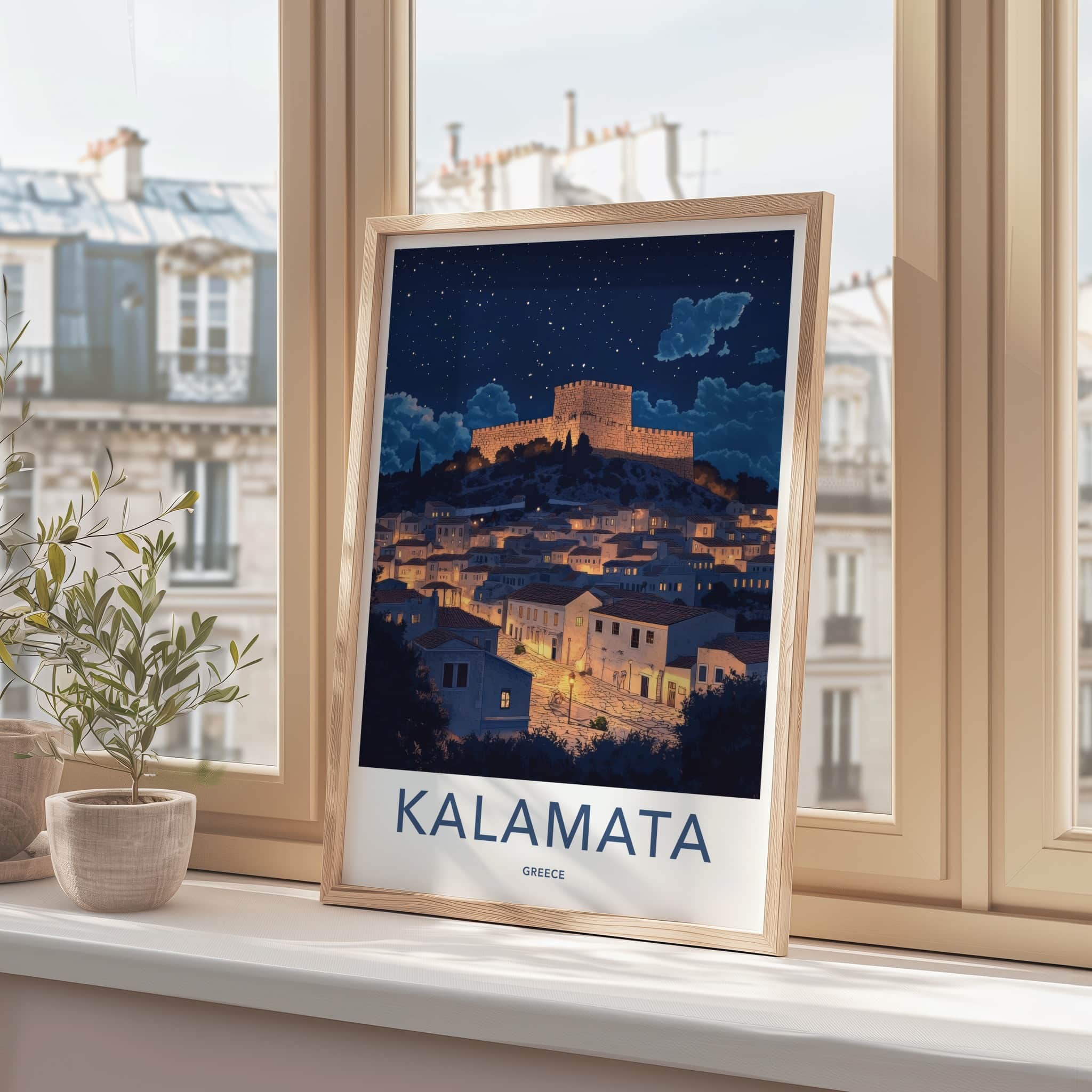 Kalamata Poster - Greece Framed Print - Illuminated Fortress Village Lounge Decor