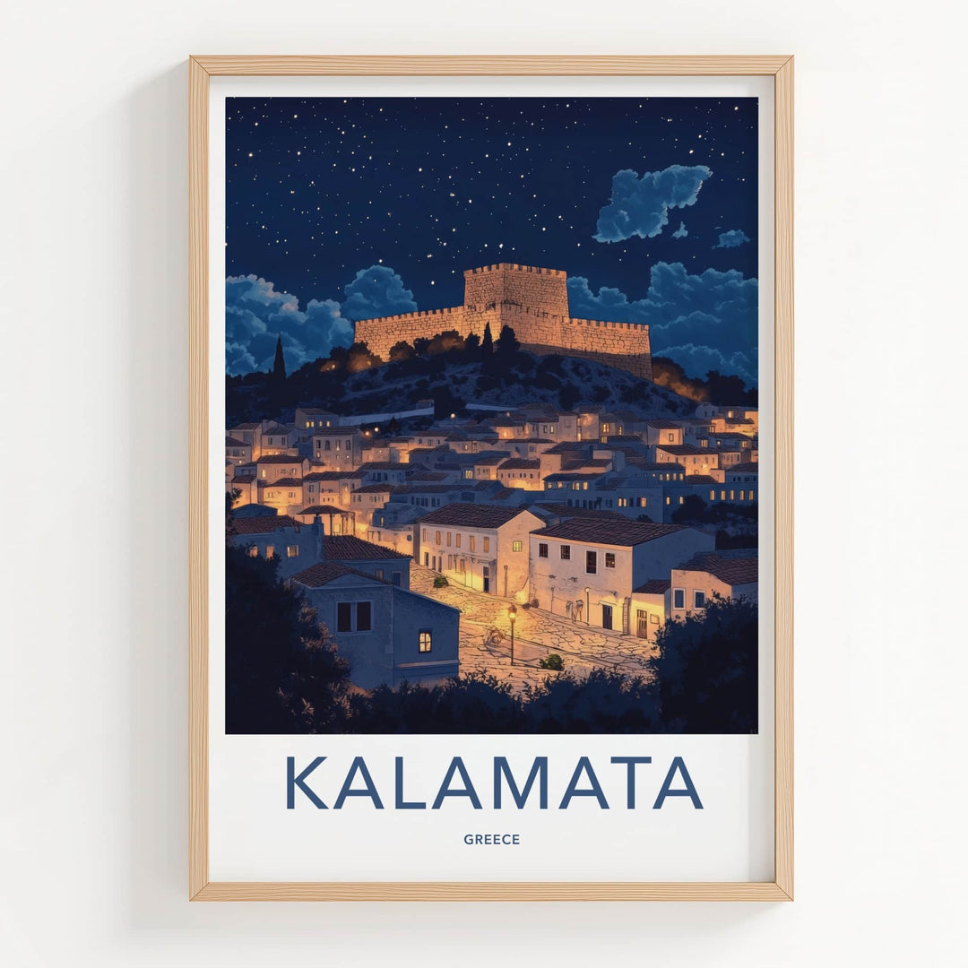 Kalamata Poster - Greece Framed Print - Illuminated Fortress Village Lounge Decor