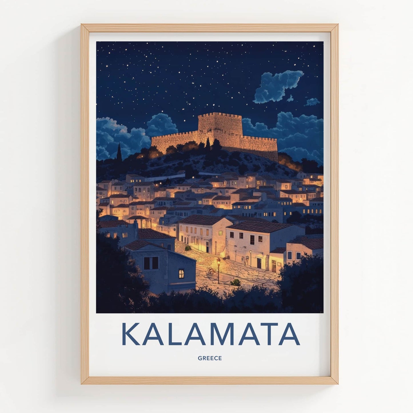 Kalamata Poster - Greece Framed Print - Illuminated Fortress Village Lounge Decor