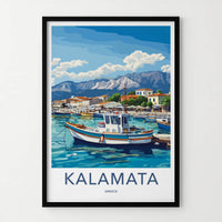 Kalamata Poster - Greece Travel Art - Boats Harbor Mountains Home Decor