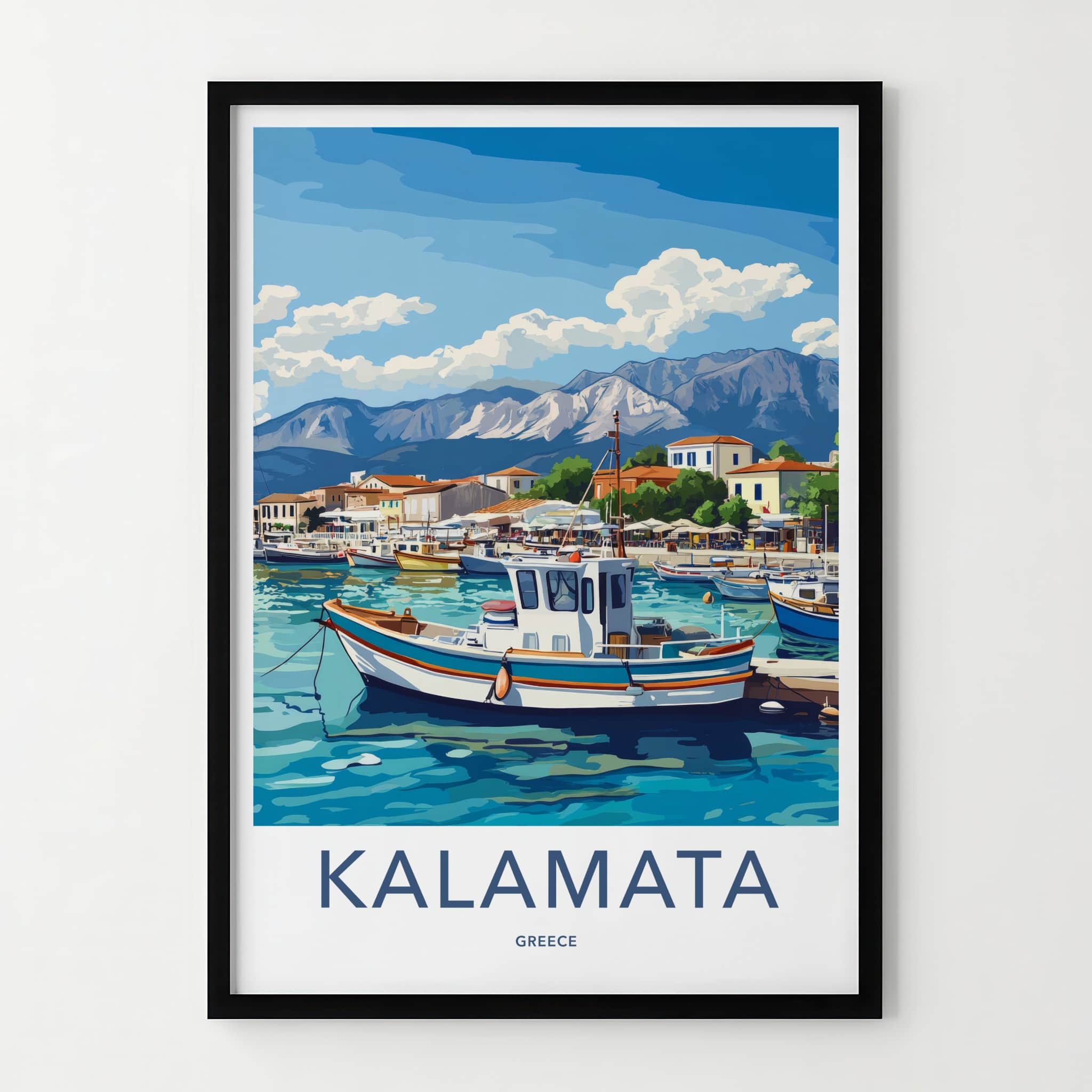 Kalamata Poster - Greece Travel Art - Boats Harbor Mountains Home Decor