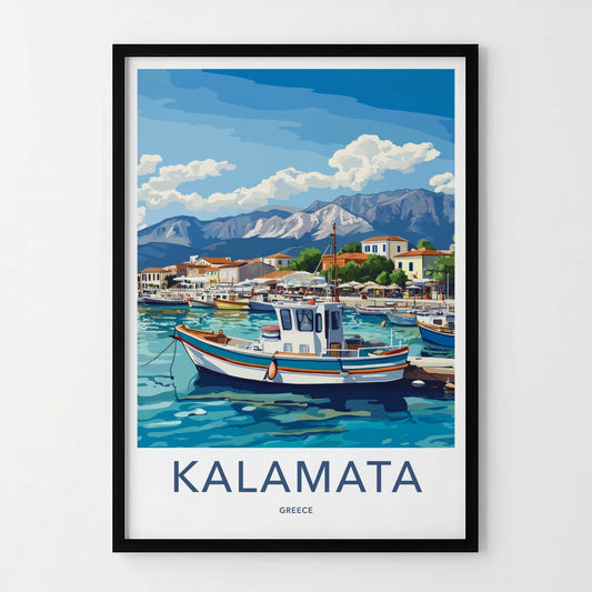 Kalamata Poster - Greece Travel Art - Boats Harbor Mountains Home Decor