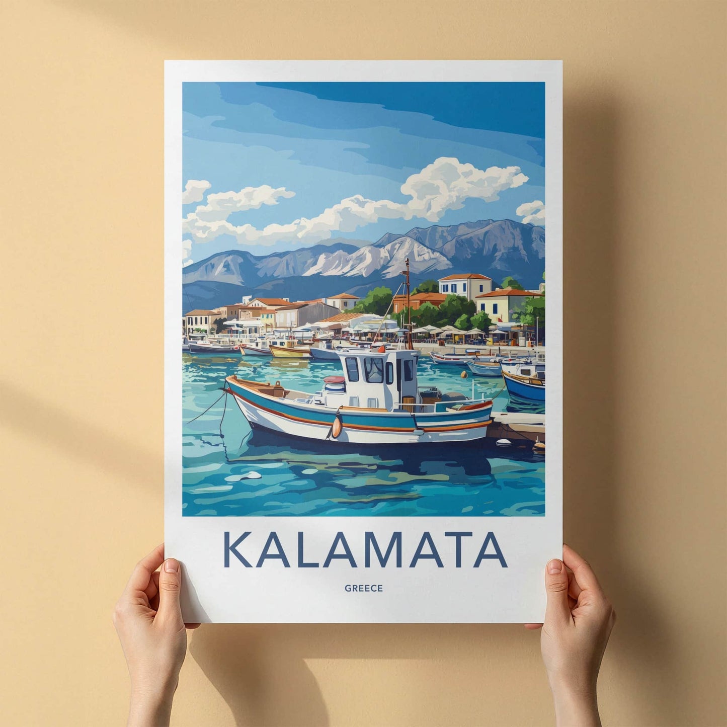 Kalamata Poster - Greece Travel Art - Boats Harbor Mountains Home Decor