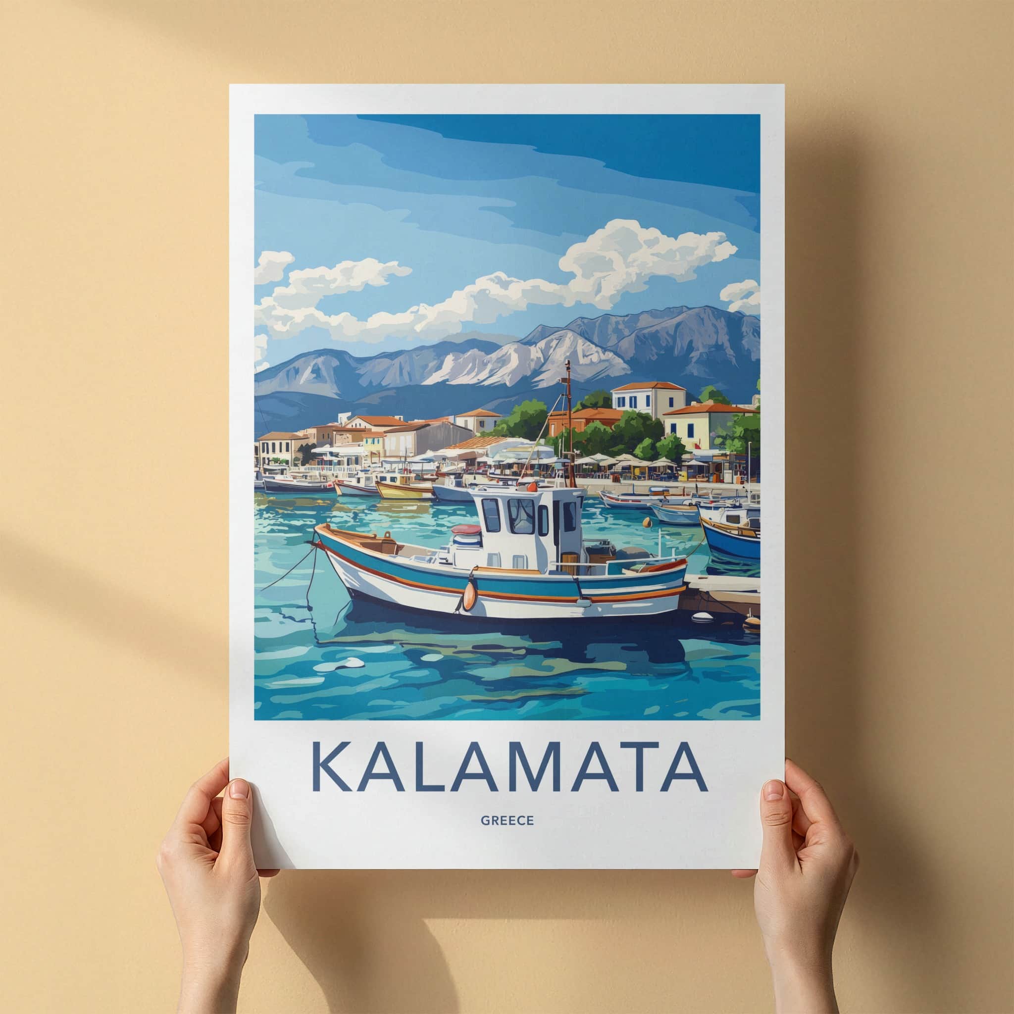 Kalamata Poster - Greece Travel Art - Boats Harbor Mountains Home Decor