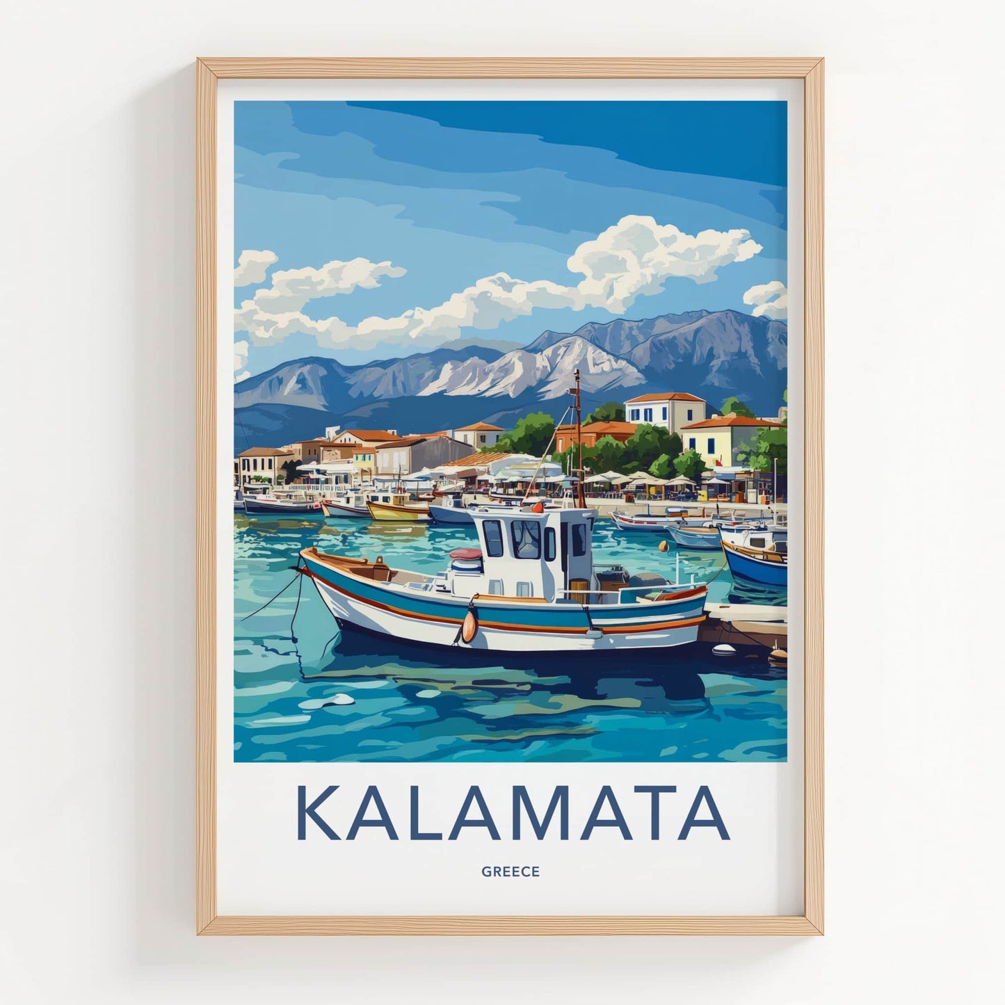 Kalamata Poster - Greece Travel Art - Boats Harbor Mountains Home Decor