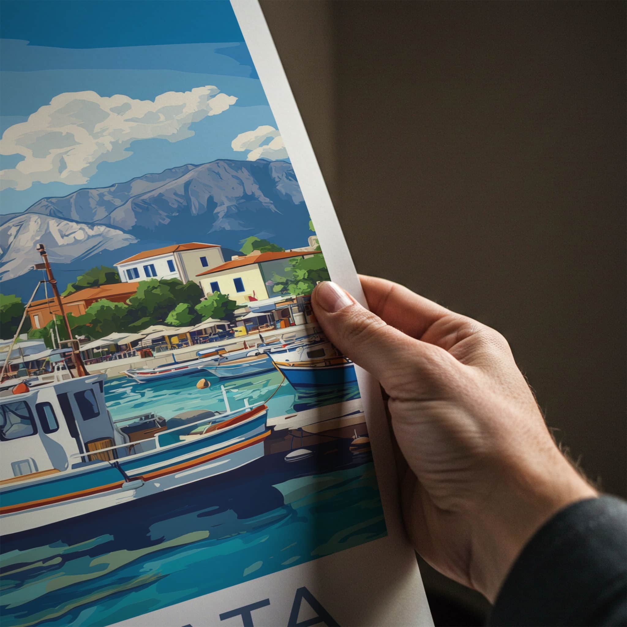 Kalamata Poster - Greece Travel Art - Boats Harbor Mountains Home Decor