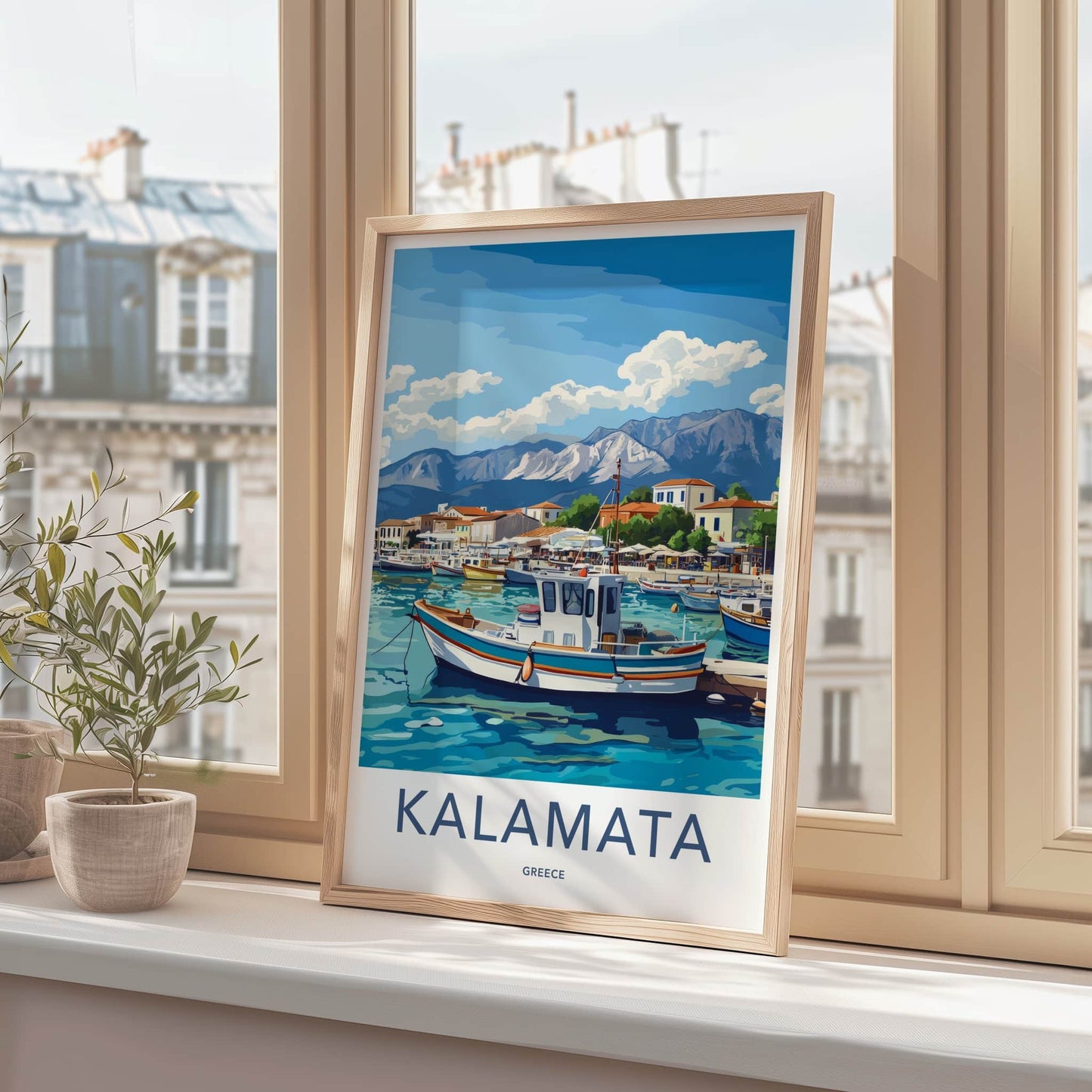 Kalamata Poster - Greece Travel Art - Boats Harbor Mountains Home Decor