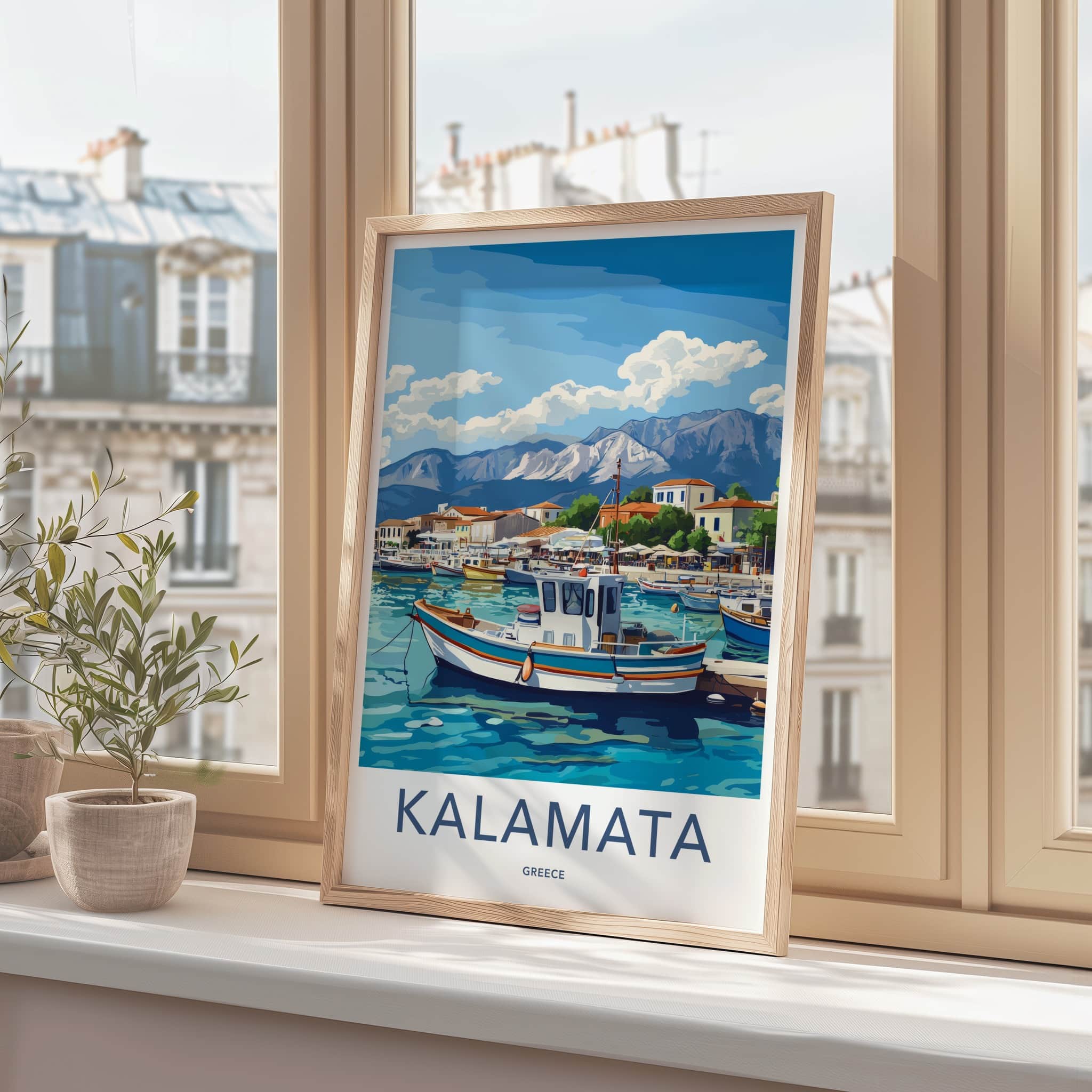 Kalamata Poster - Greece Travel Art - Boats Harbor Mountains Home Decor