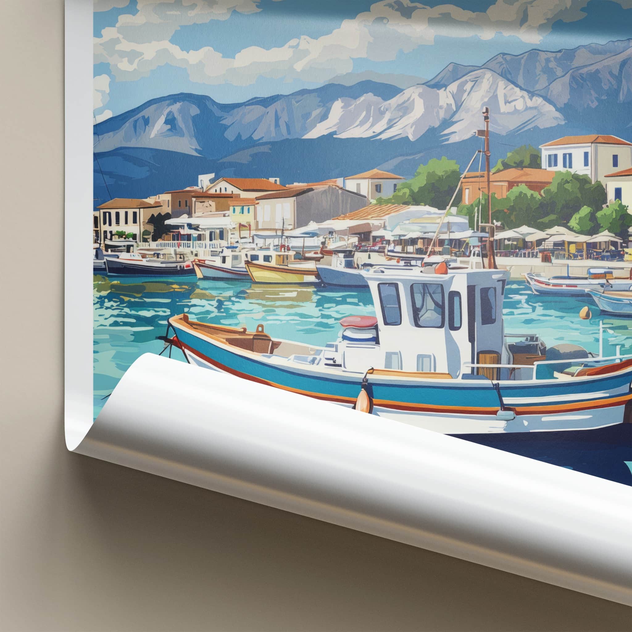 Kalamata Poster - Greece Travel Art - Boats Harbor Mountains Home Decor