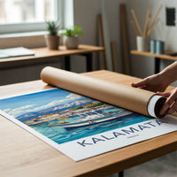 Kalamata Poster - Greece Travel Art - Boats Harbor Mountains Home Decor