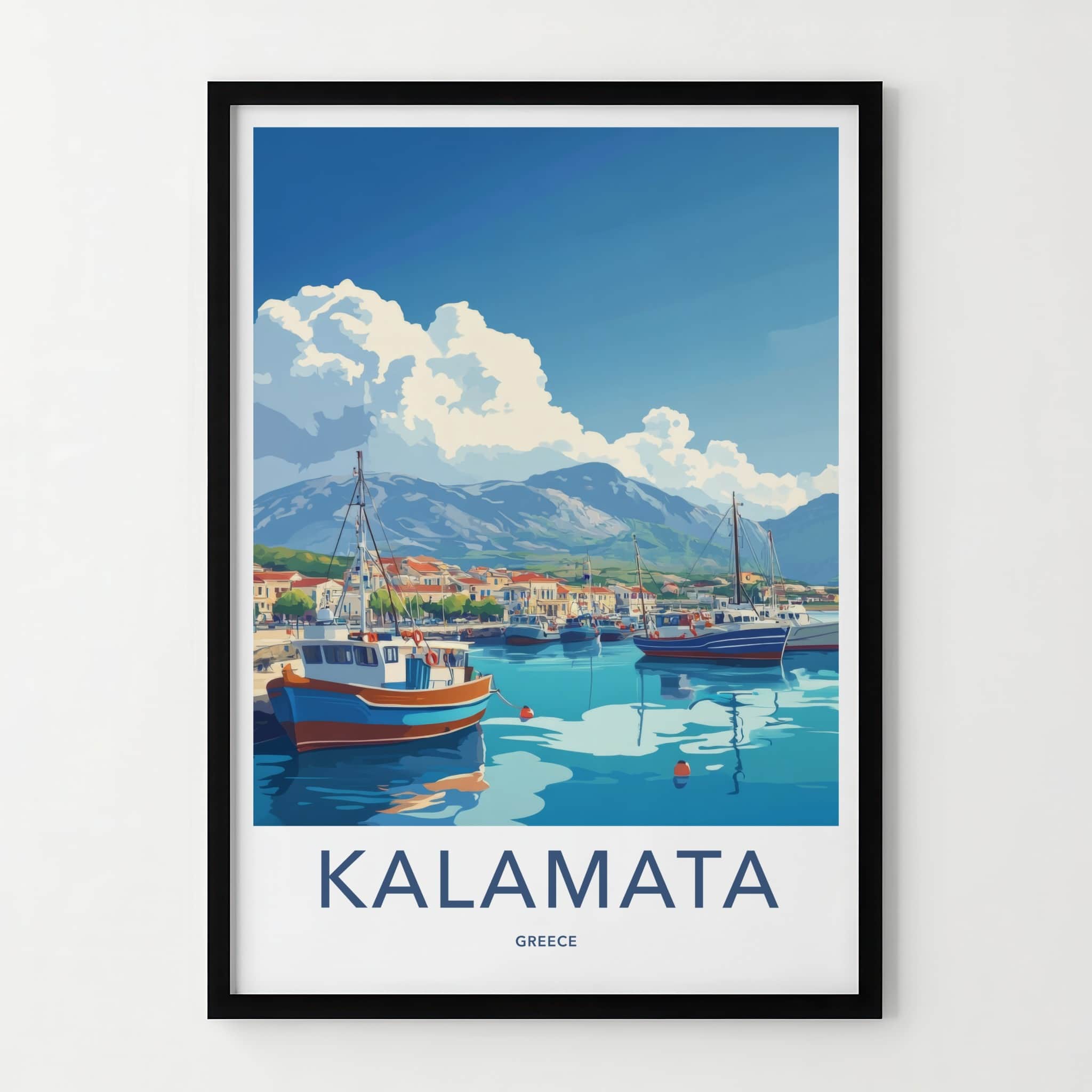 Kalamata Poster - Greece Travel Art - Boats Harbor Village Wall Decor