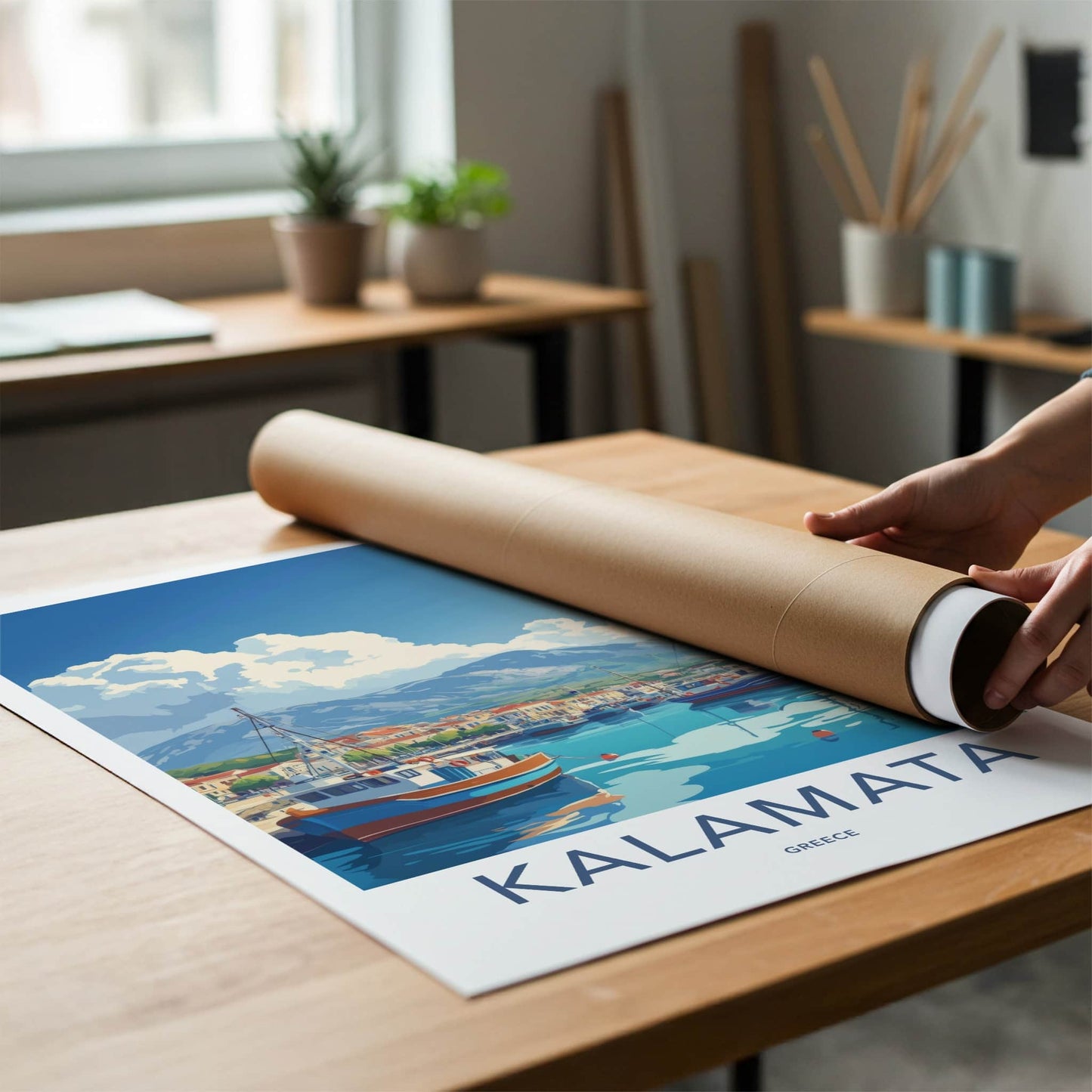 Kalamata Poster - Greece Travel Art - Boats Harbor Village Wall Decor