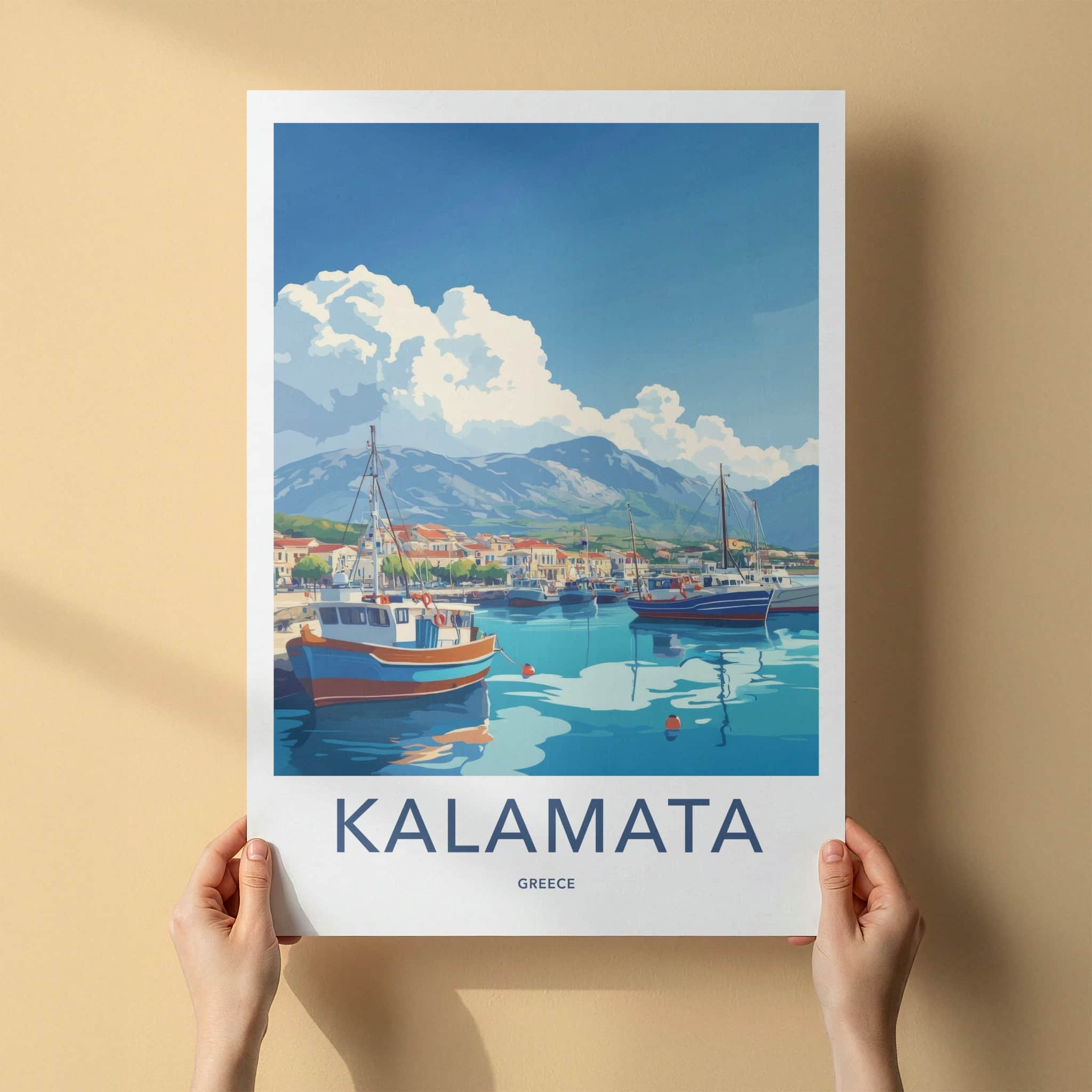 Kalamata Poster - Greece Travel Art - Boats Harbor Village Wall Decor