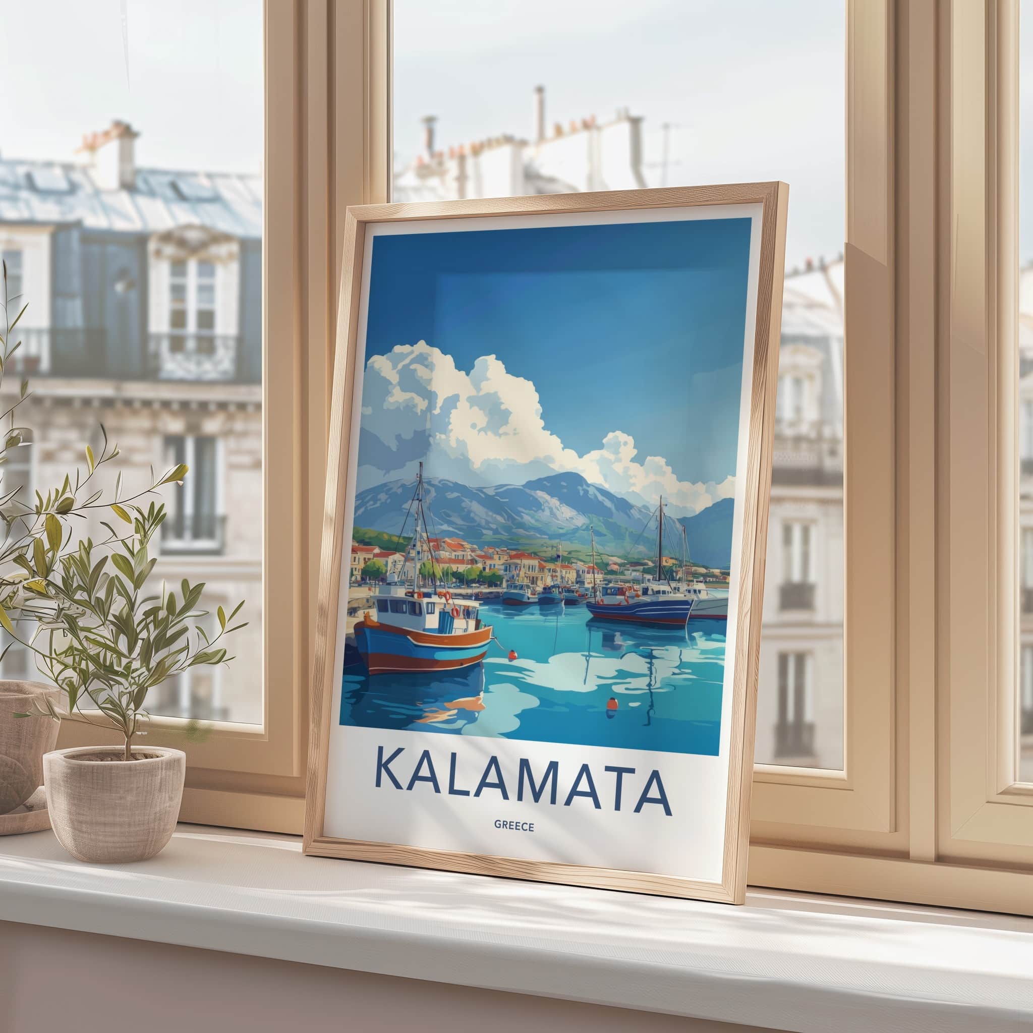 Kalamata Poster - Greece Travel Art - Boats Harbor Village Wall Decor